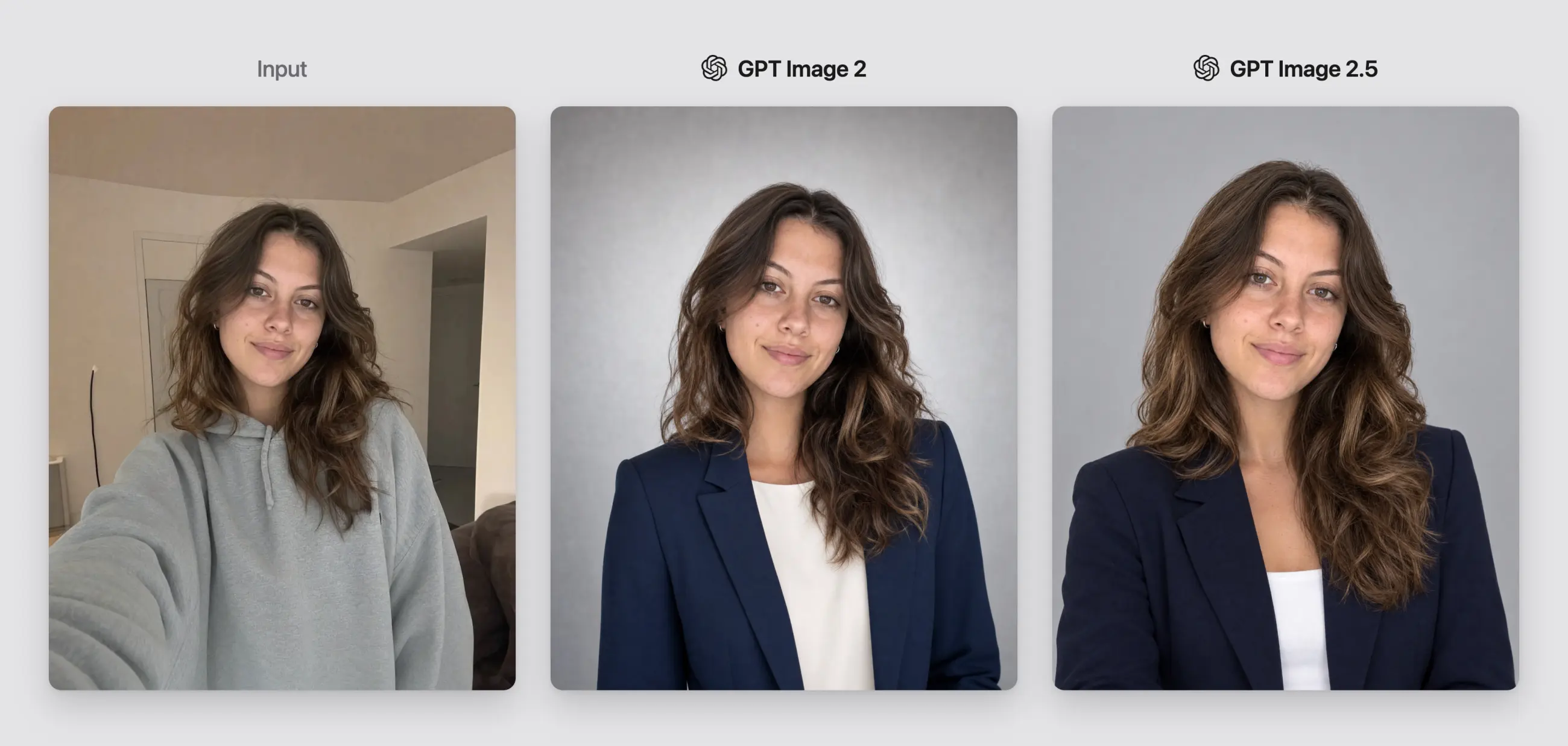 Casual selfie compared with professional headshots generated by GPT Image 2 and GPT Image 2.5.