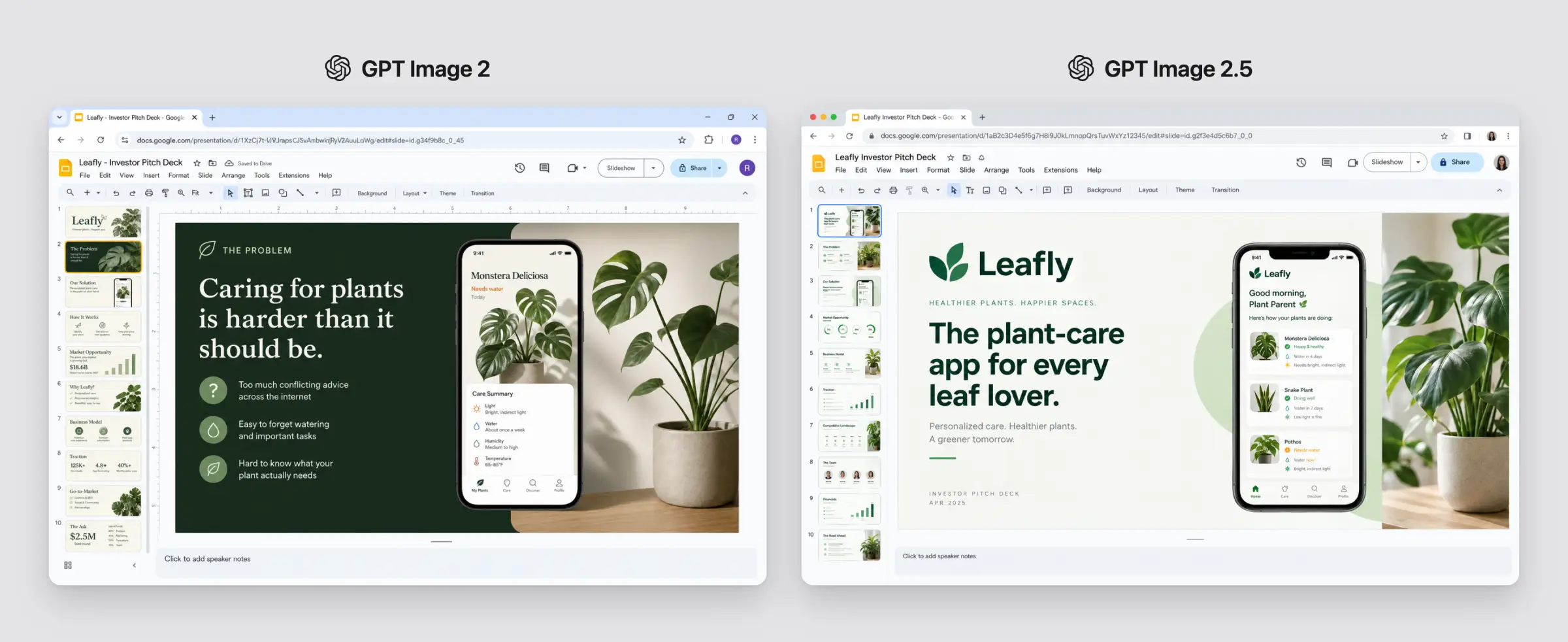 Google Slides interface mockups showing a ten-slide Leafly investor pitch deck from both models.