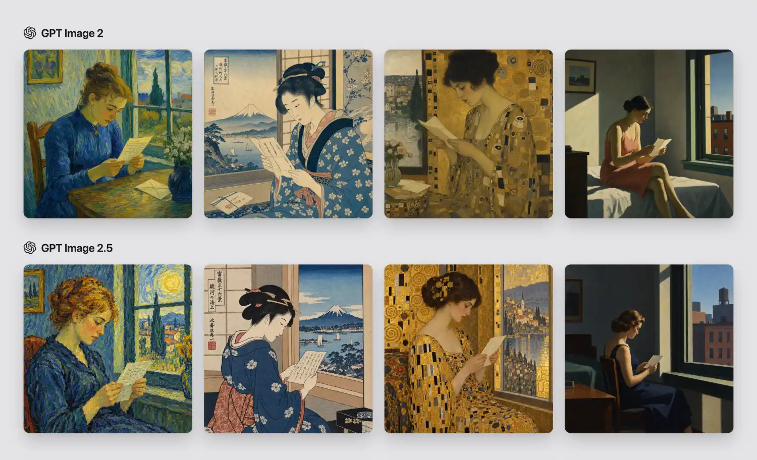 A woman reading a letter rendered in four historical art styles by GPT Image 2 and GPT Image 2.5.