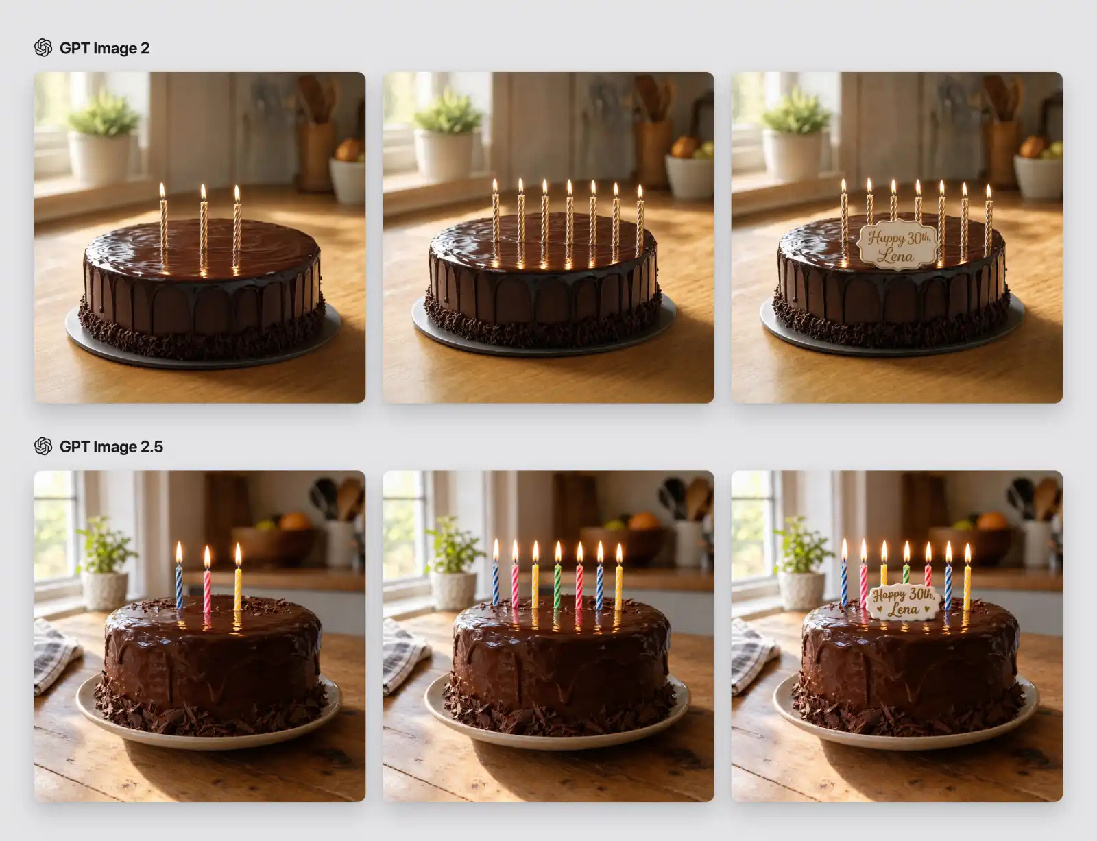 Birthday cake edit chain showing three candles, seven candles, and a personalized topper from both models.