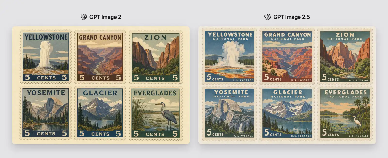 Two 3-by-2 sheets of vintage US national park stamps generated by GPT Image 2 and GPT Image 2.5.