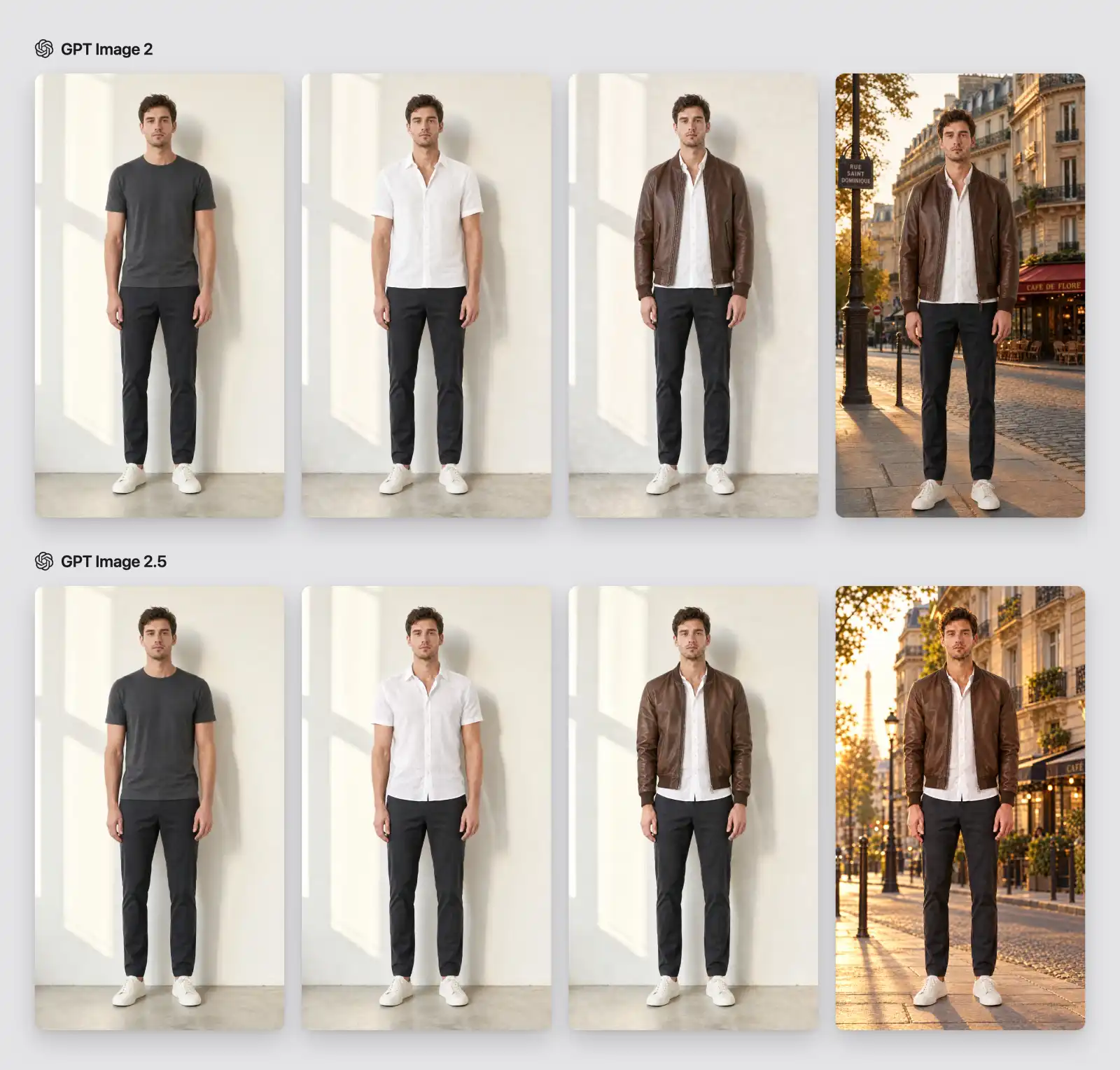Three-step clothing and background edit chain compared across GPT Image 2 and GPT Image 2.5.