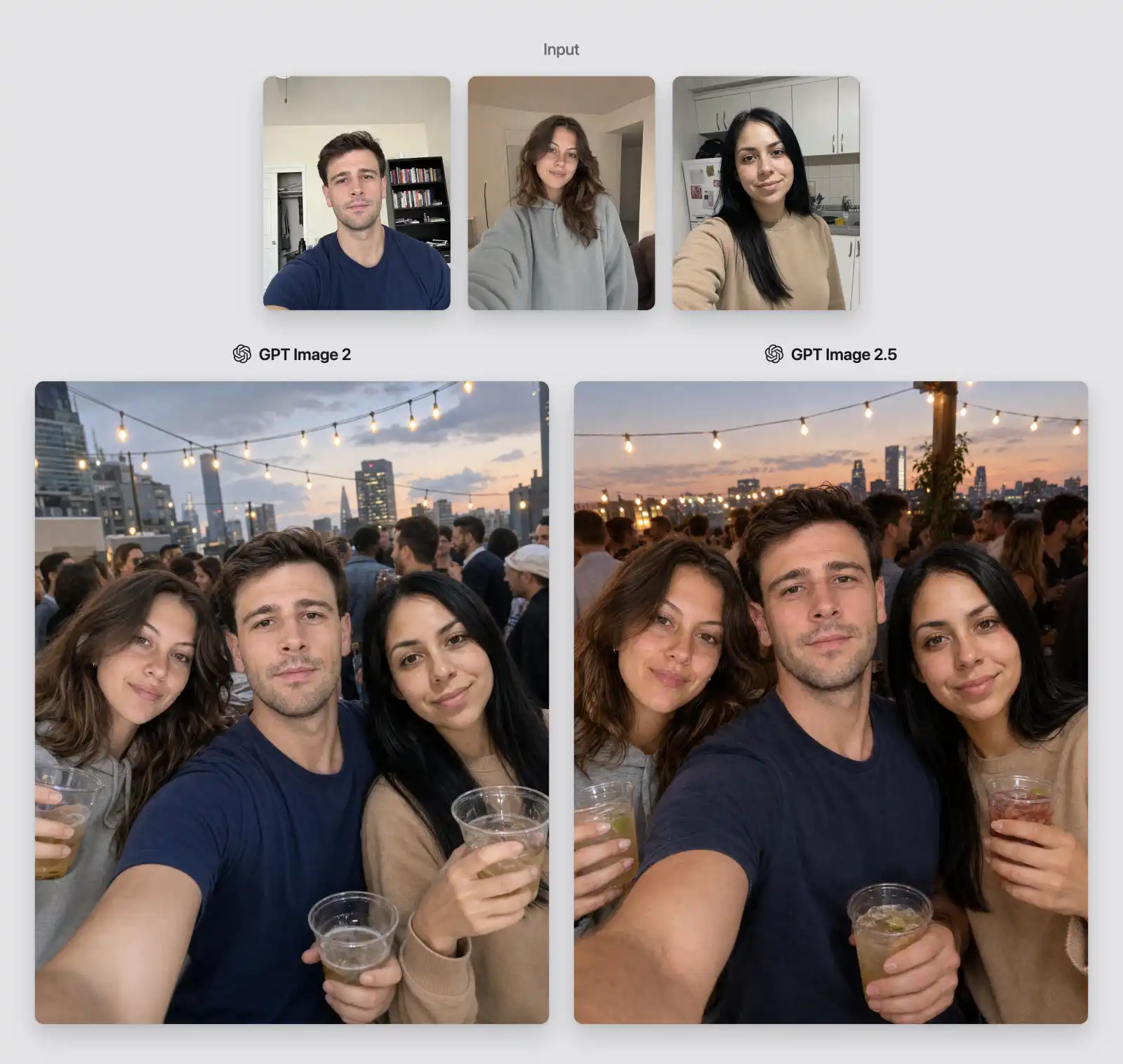 Three input selfies and rooftop party composites produced by GPT Image 2 and GPT Image 2.5.