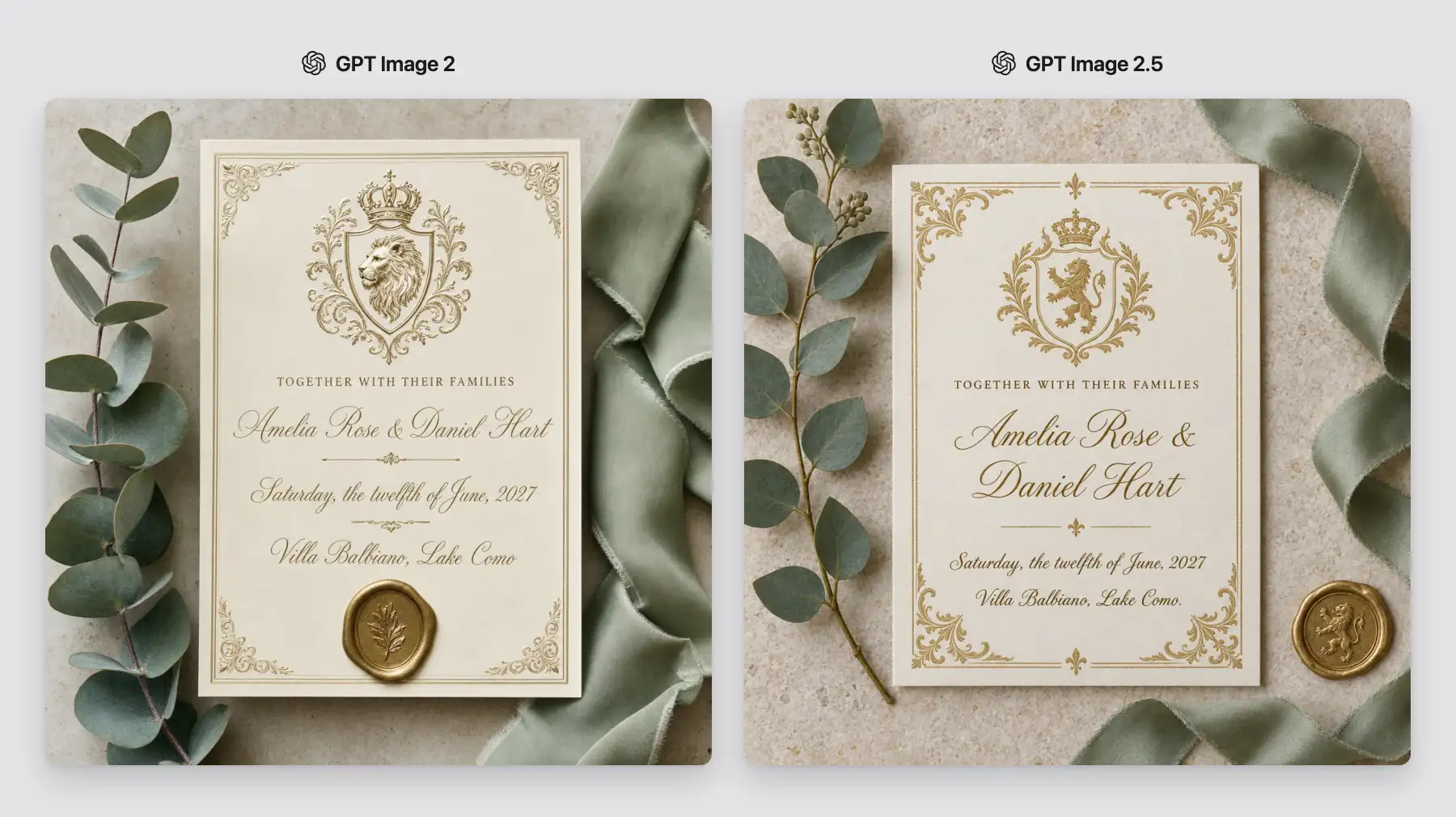 Cream-and-gold wedding invitation with exact names, date, and venue generated by GPT Image 2 and GPT Image 2.5.