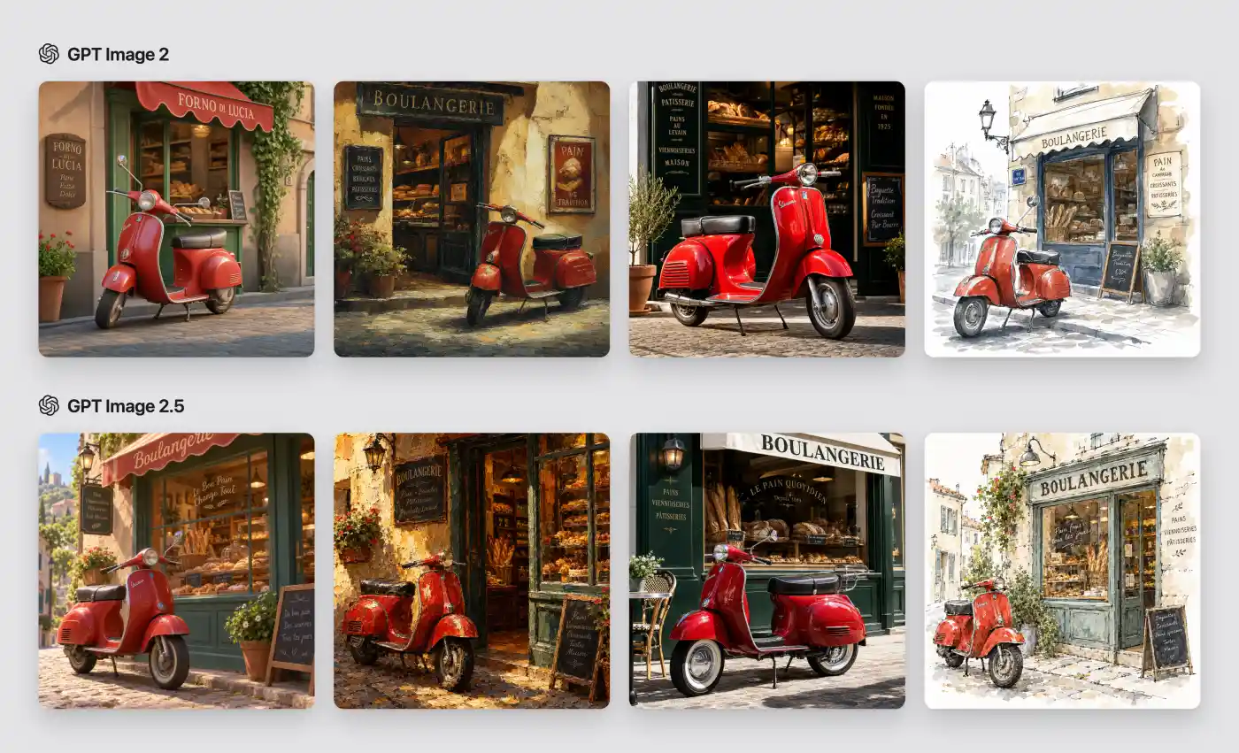 A red scooter outside a bakery rendered as stylized 3D, impasto oil, editorial photography, and watercolor by both models.