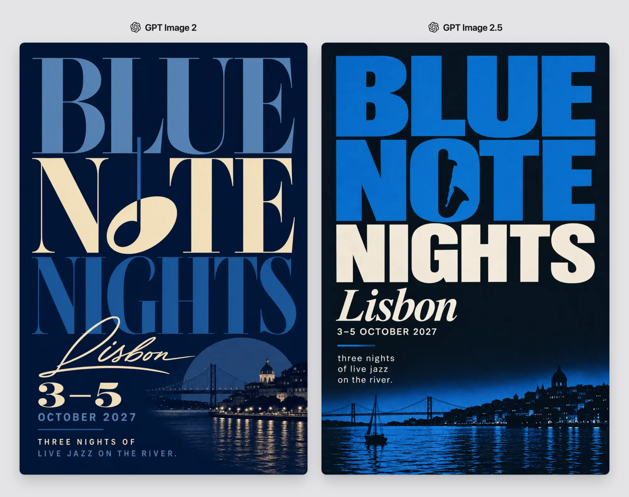 Blue Note Nights jazz festival poster concepts created by GPT Image 2 and GPT Image 2.5.