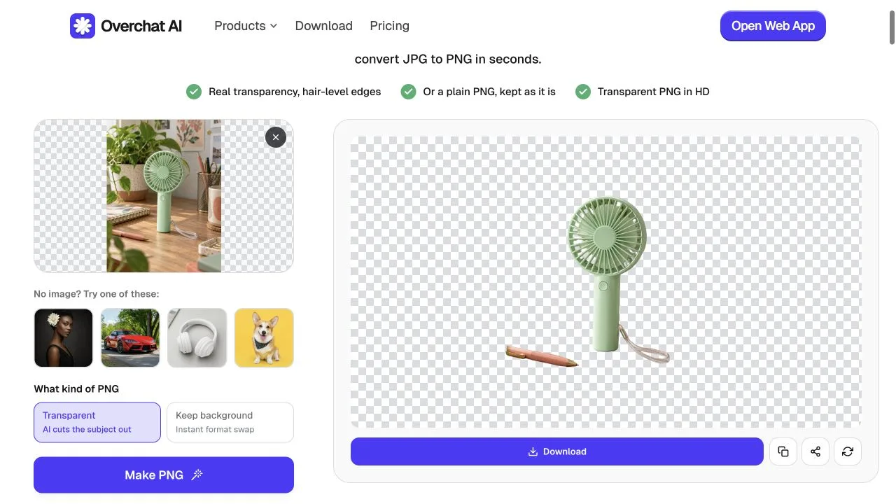 The complete Overchat AI PNG maker workspace with the test image and result