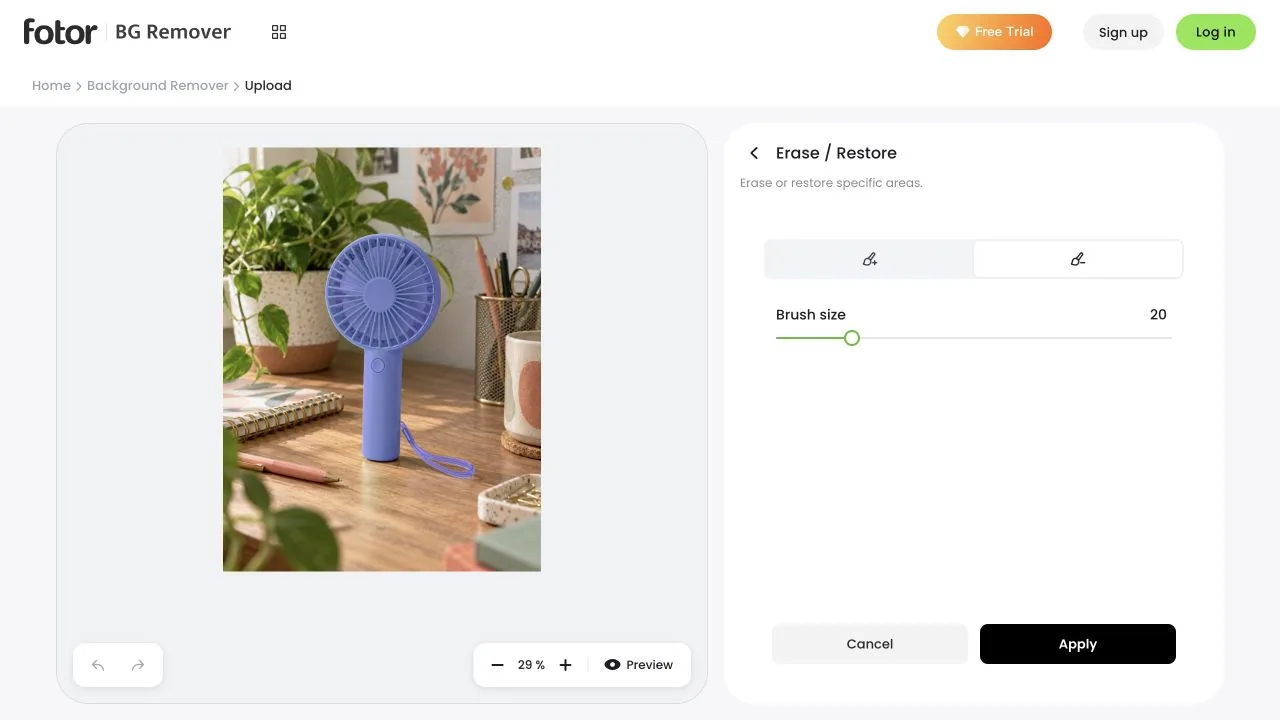 Fotor's Erase and Restore controls for refining difficult edges