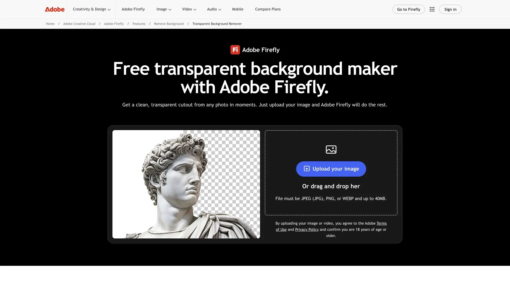 Adobe Firefly's transparent background maker hero and upload interface