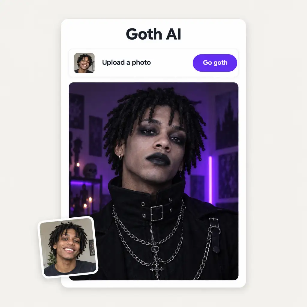 Goth AI upload panel with the Go goth button and a finished goth portrait