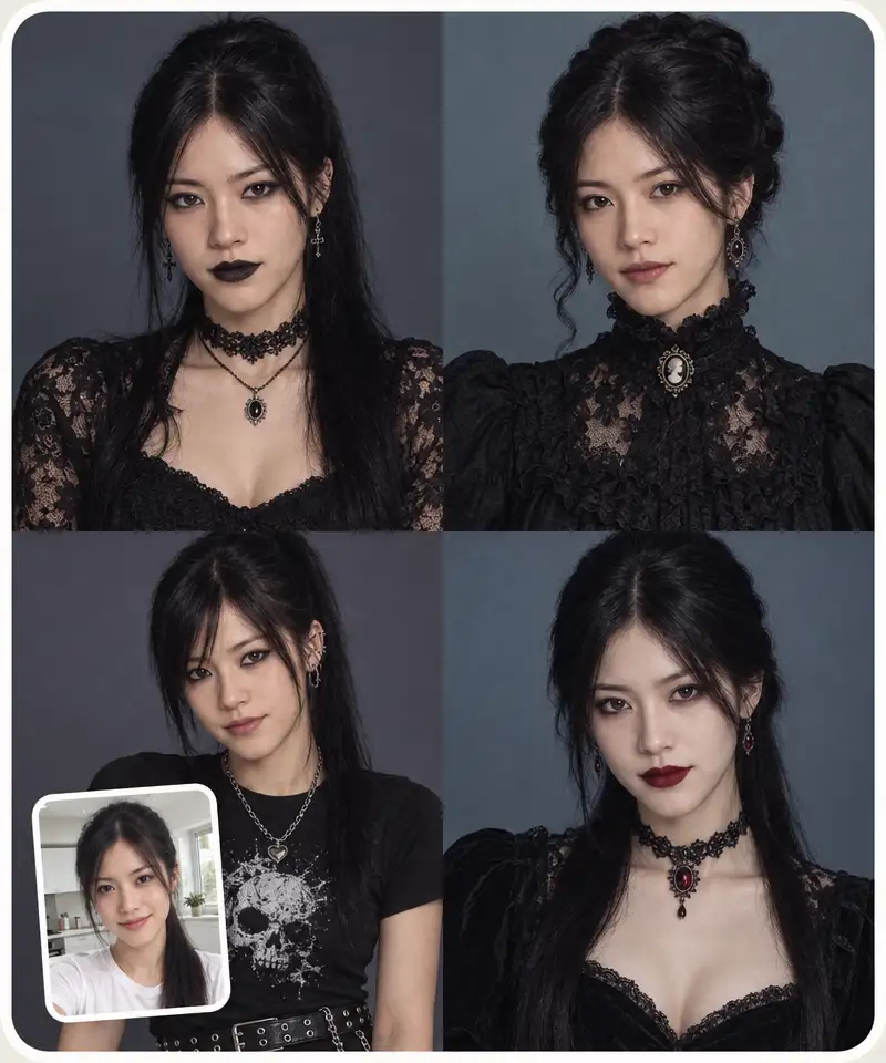 Four goth styles of the same woman: classic, Victorian, mall goth and vampire