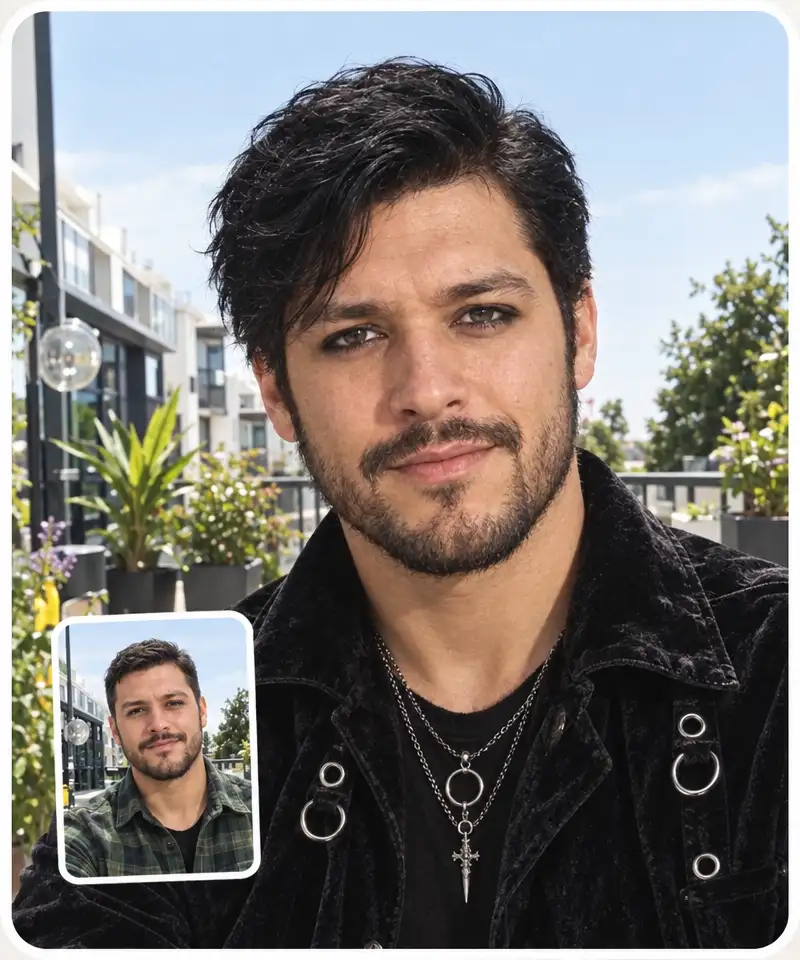 The same man before and after the goth restyle, face unchanged