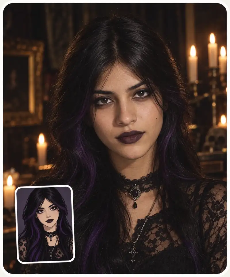 A cartoon goth avatar next to a photorealistic goth portrait