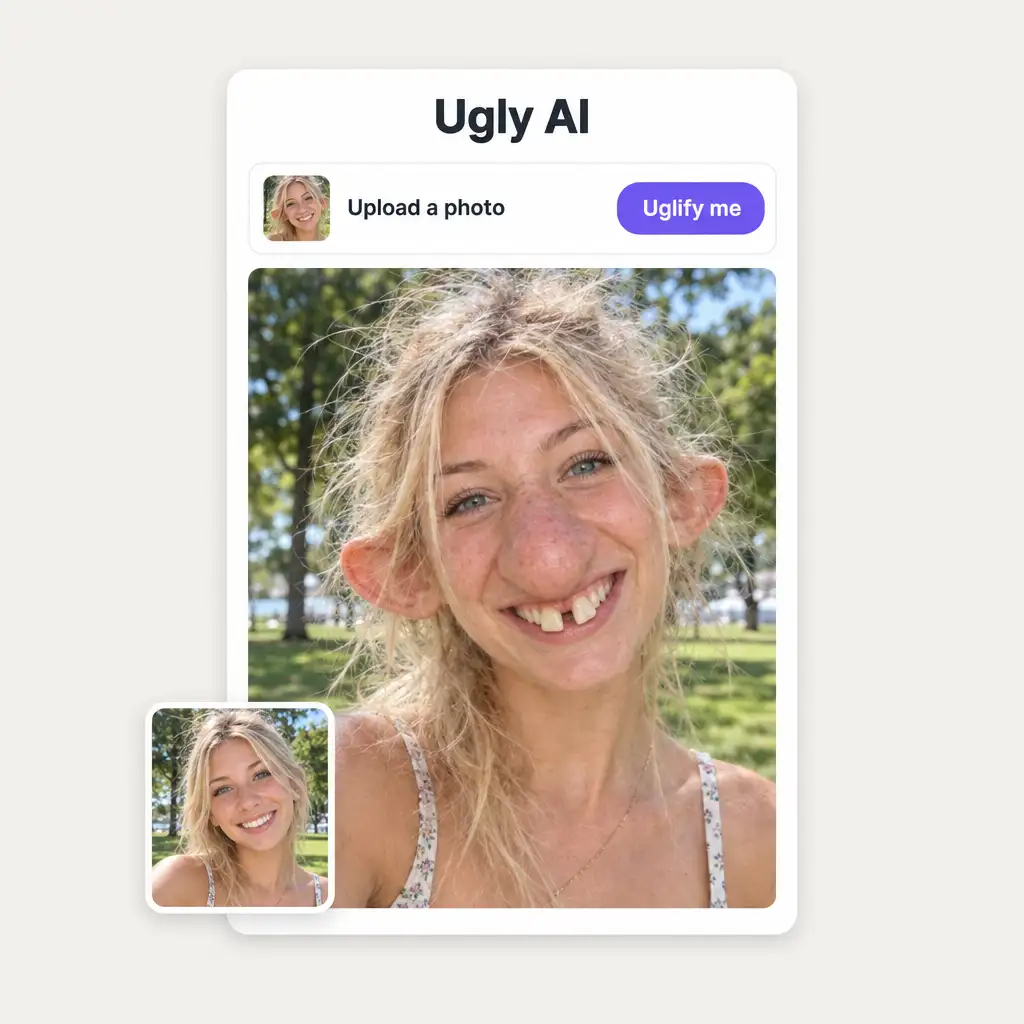 Ugly AI upload panel with the Uglify me button and a funny ugly result