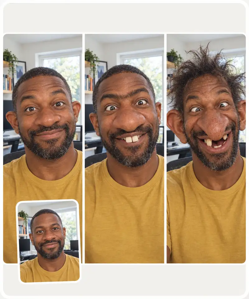 The same man at three ugly filter levels, goofy to full troll