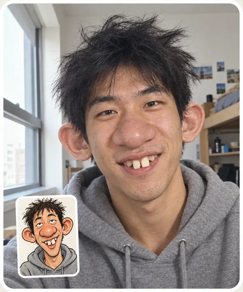 A cartoon caricature next to a realistic ugly filter photograph