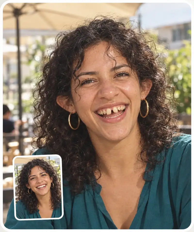 A laughing woman before and after a mild ugly filter, clearly the same person