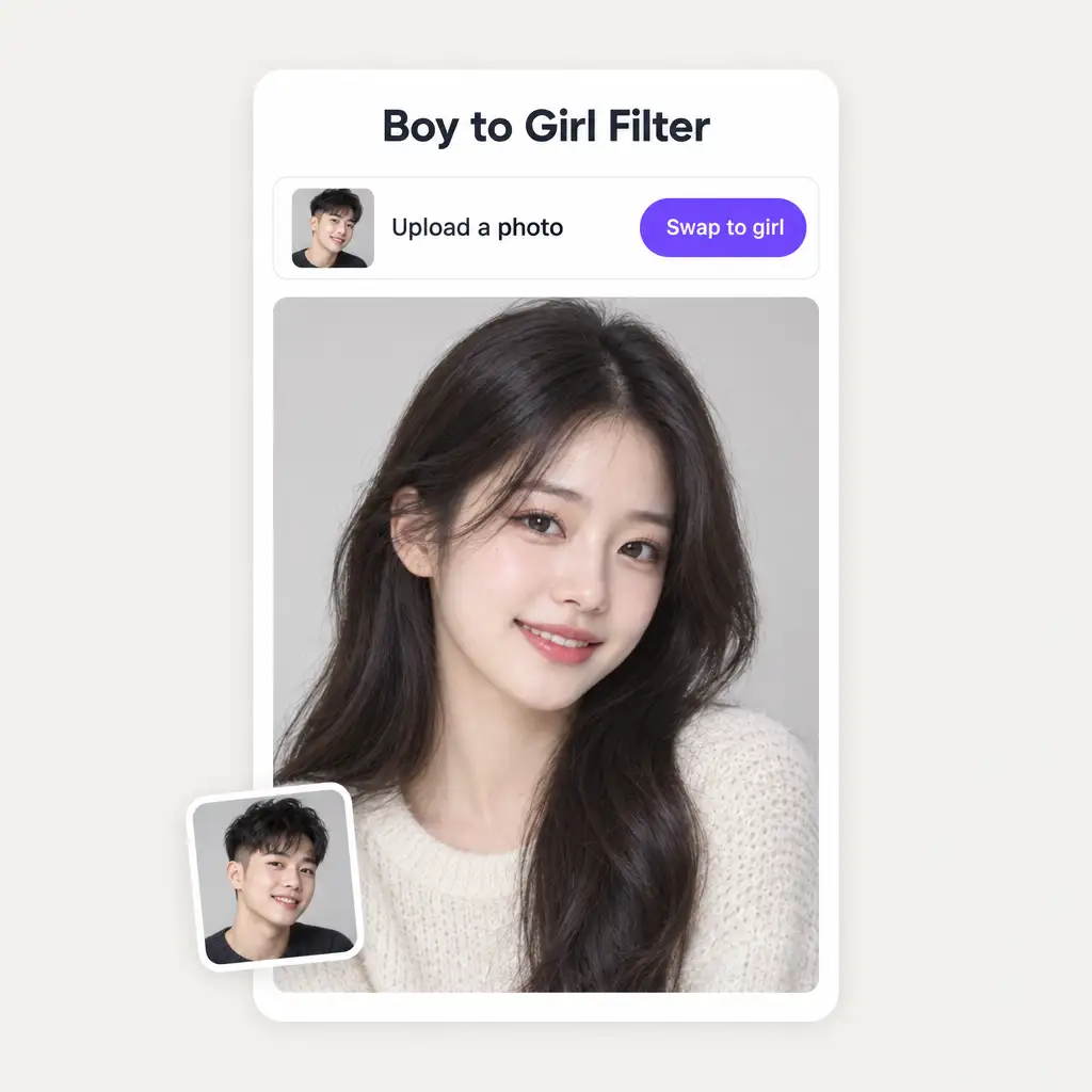Boy to Girl Filter upload panel with the Swap to girl button and a finished result