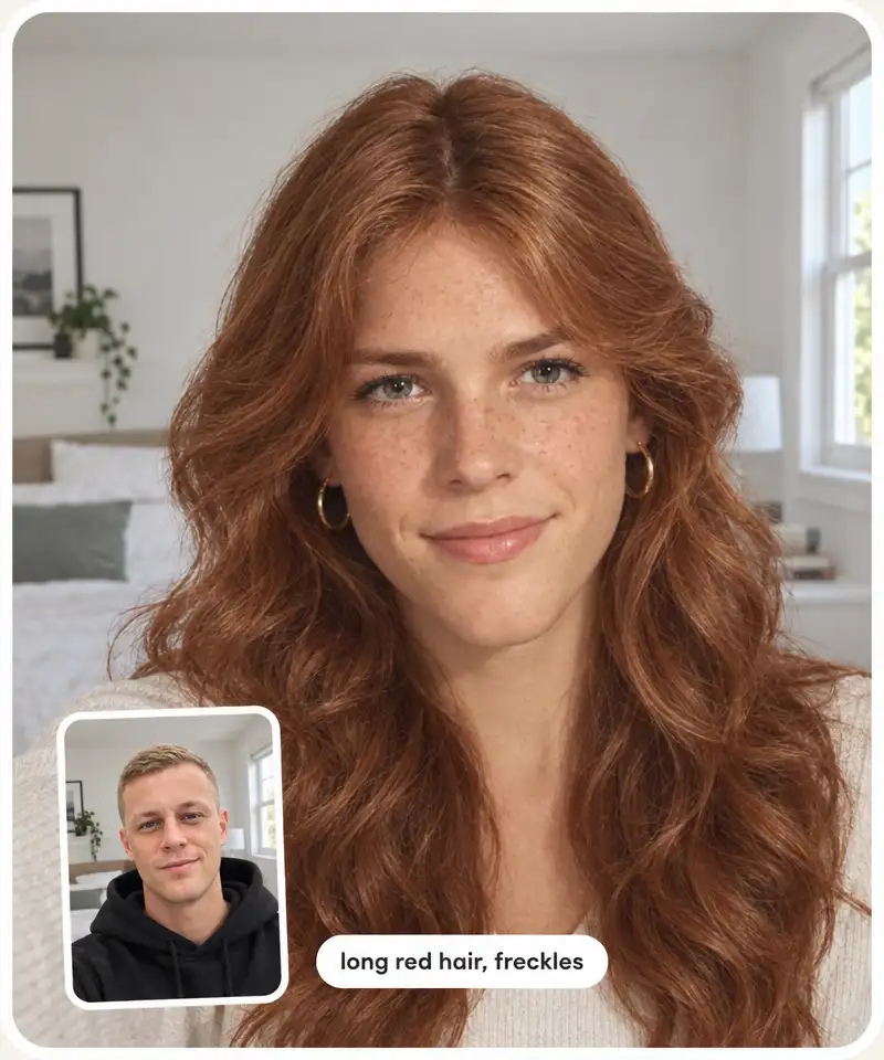 A feminized portrait with custom touches: long red hair and freckles