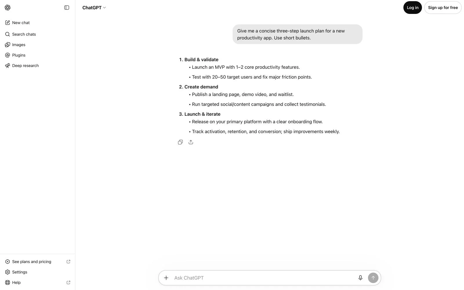 ChatGPT interface showing a concise launch-plan response