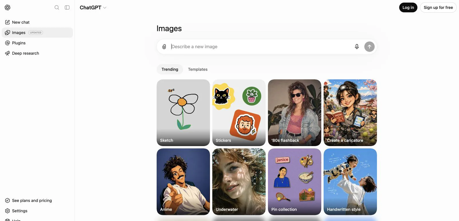 ChatGPT Images page with visual prompt ideas