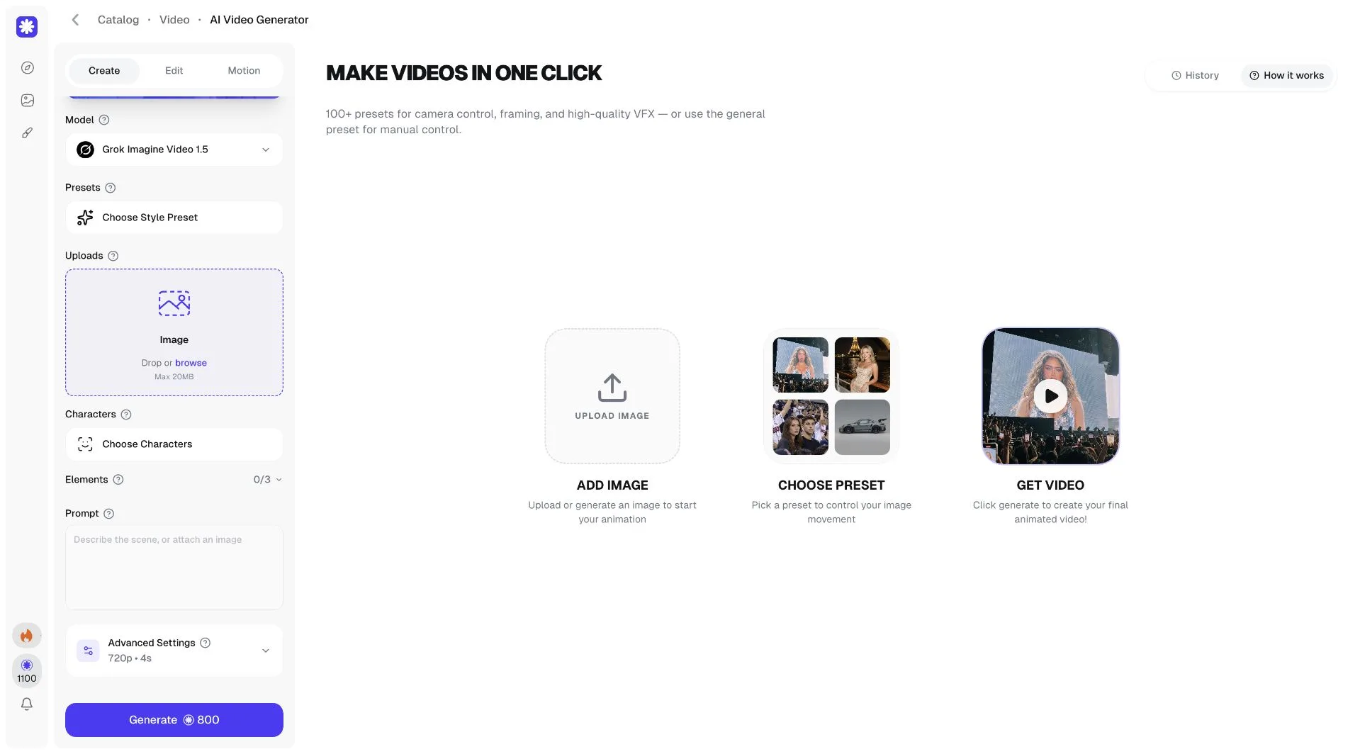 Overchat AI Video Generator with model, preset, upload, prompt, and how-it-works panels