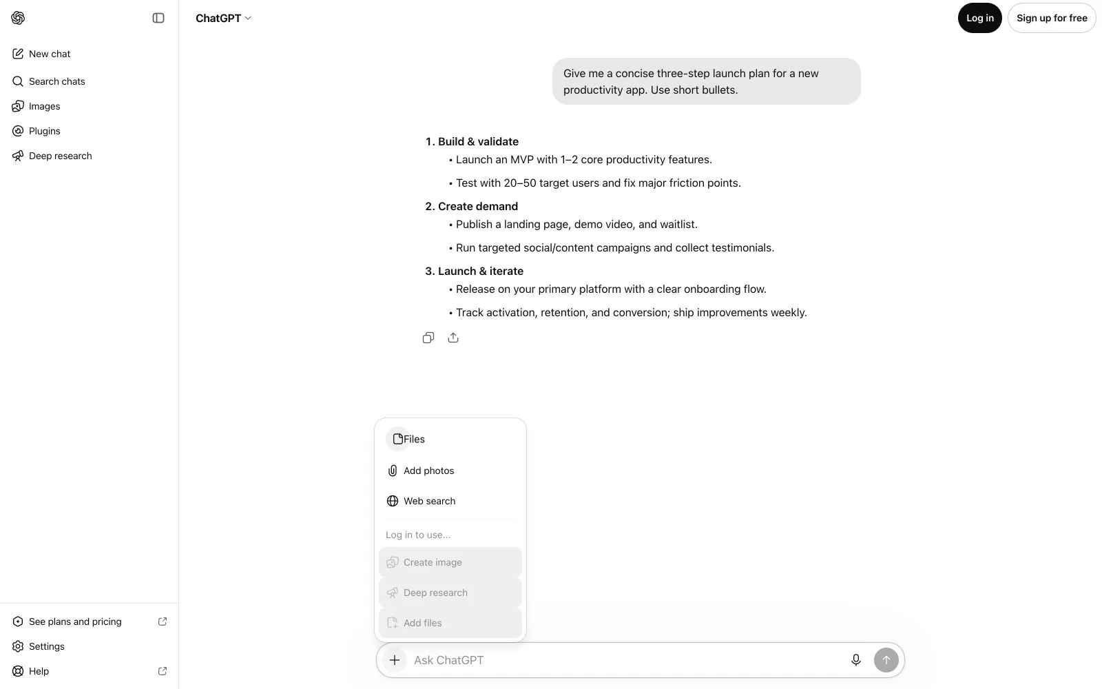 ChatGPT composer menu showing available and sign-in-only tools