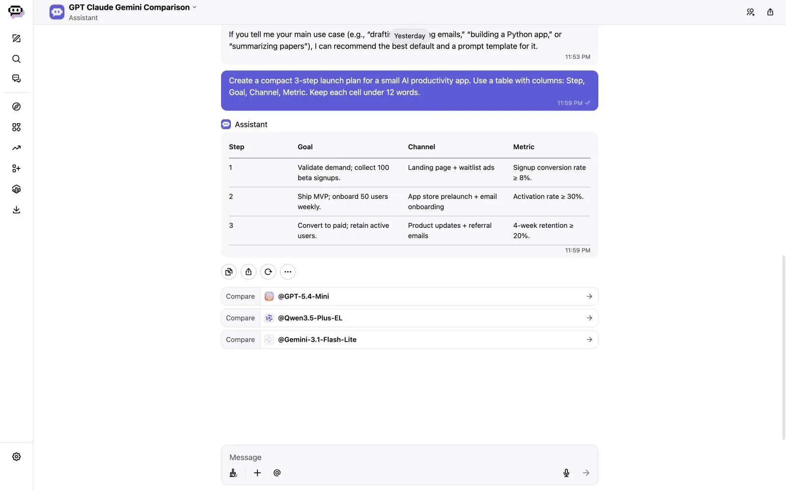Poe chat showing a launch-plan table and model-comparison options
