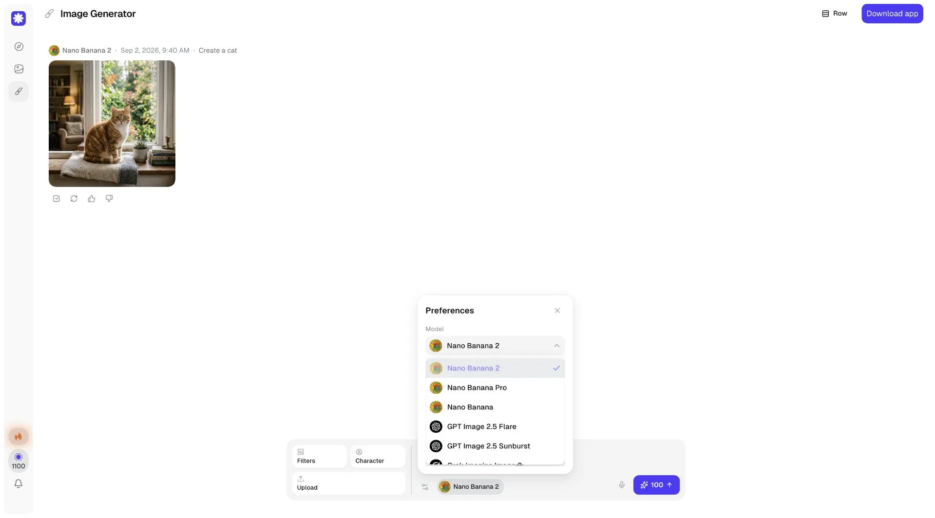 Overchat AI Image Generator showing a neutral cat result and generation controls