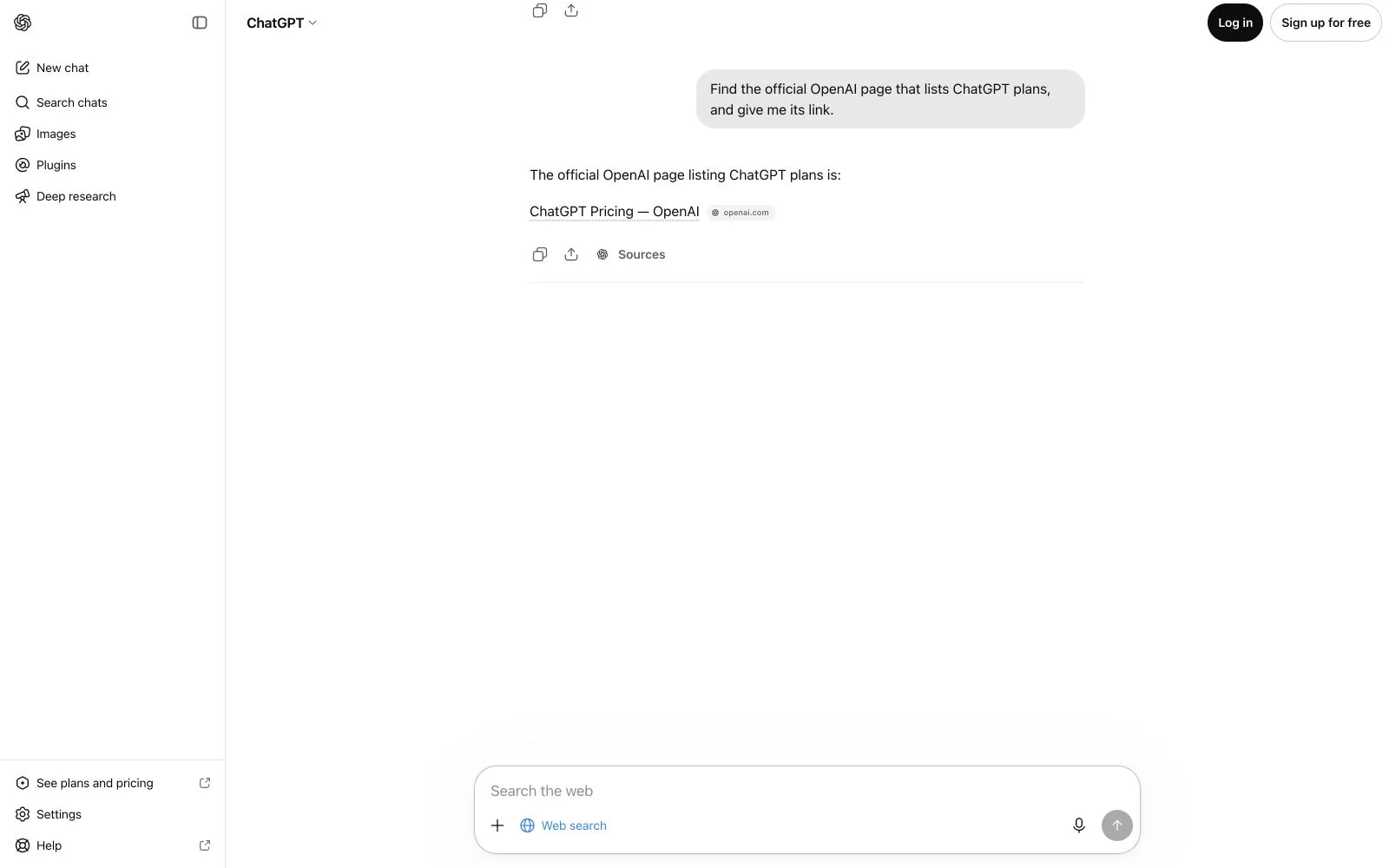 ChatGPT web-search answer linking to an official source