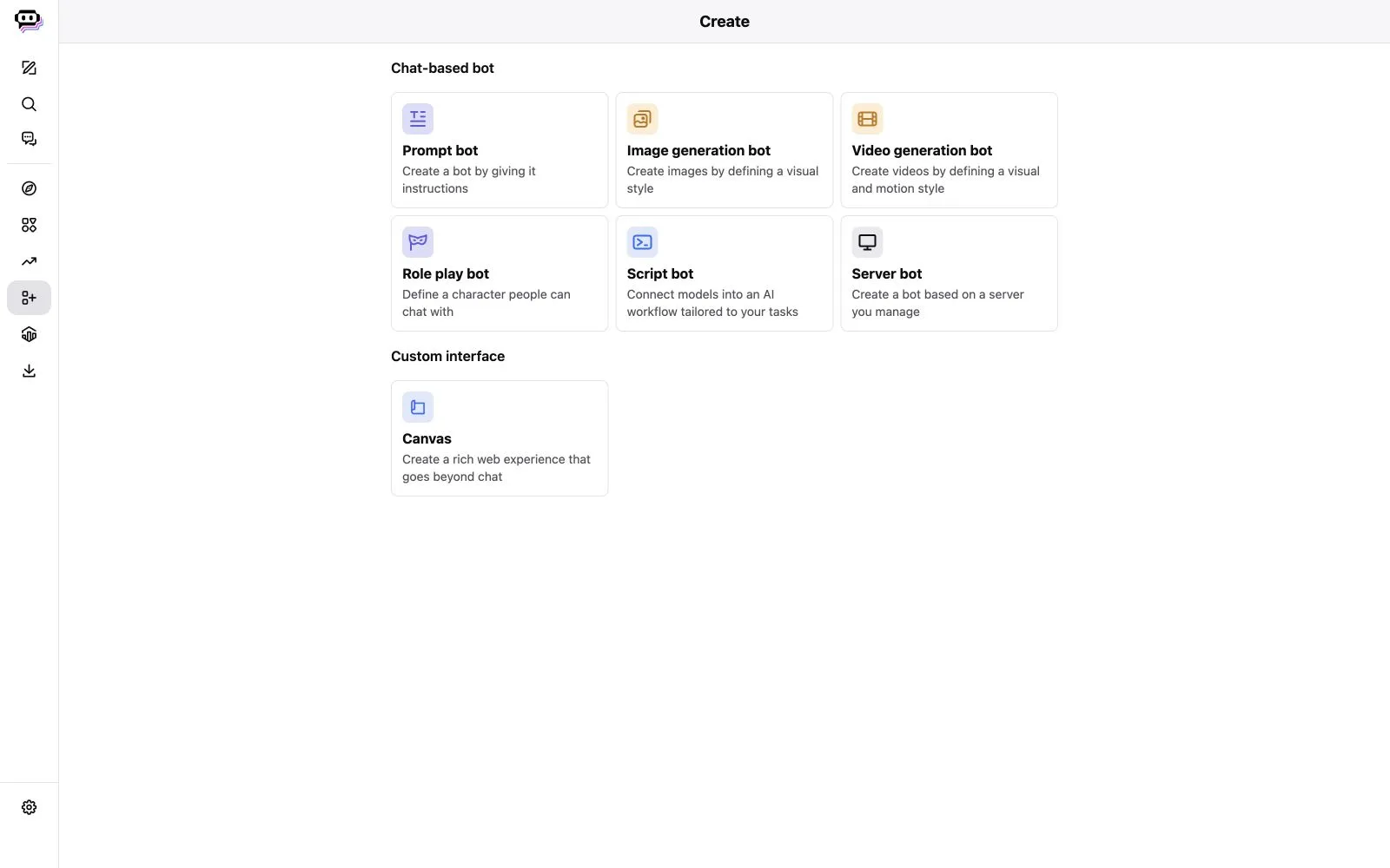 Poe Create page with prompt, image, video, role-play, script, server, and Canvas options