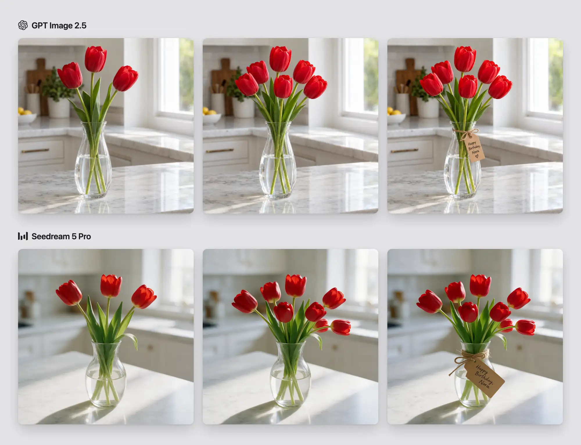Cadeia de edição das tulipas mostrando três flores, sete flores e uma etiqueta de aniversário nos dois modelos