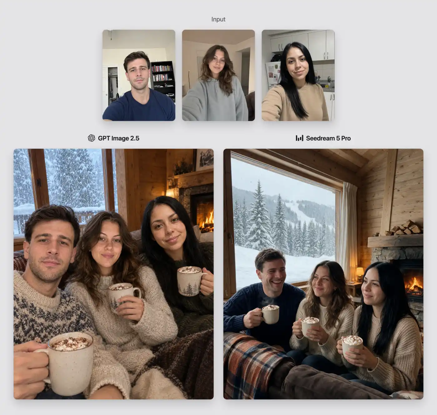 Três selfies de entrada e as composições no chalé de esqui criadas pelo GPT Image 2.5 e pelo Seedream 5 Pro