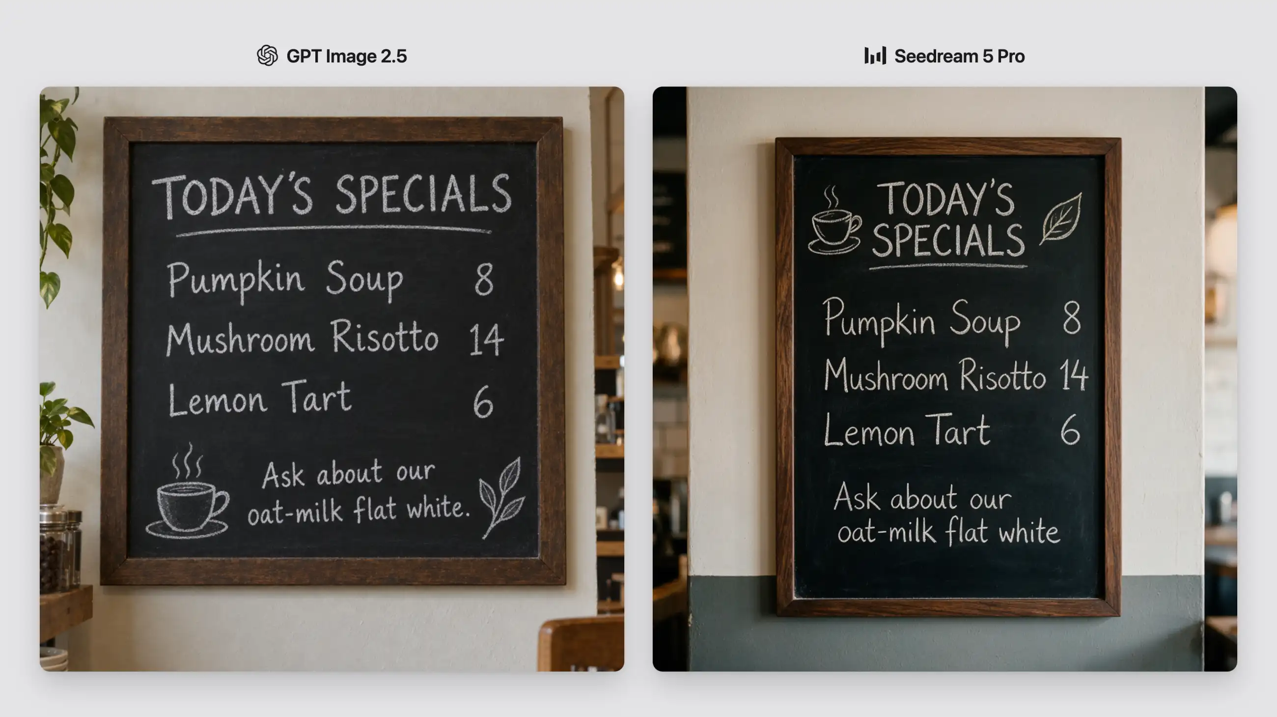 Cardápios de café em quadro-negro com texto exato gerados pelo GPT Image 2.5 e pelo Seedream 5 Pro
