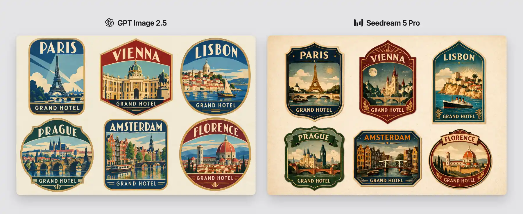 Seis etiquetas de bagagem europeias com nomes geradas pelo GPT Image 2.5 e pelo Seedream 5 Pro