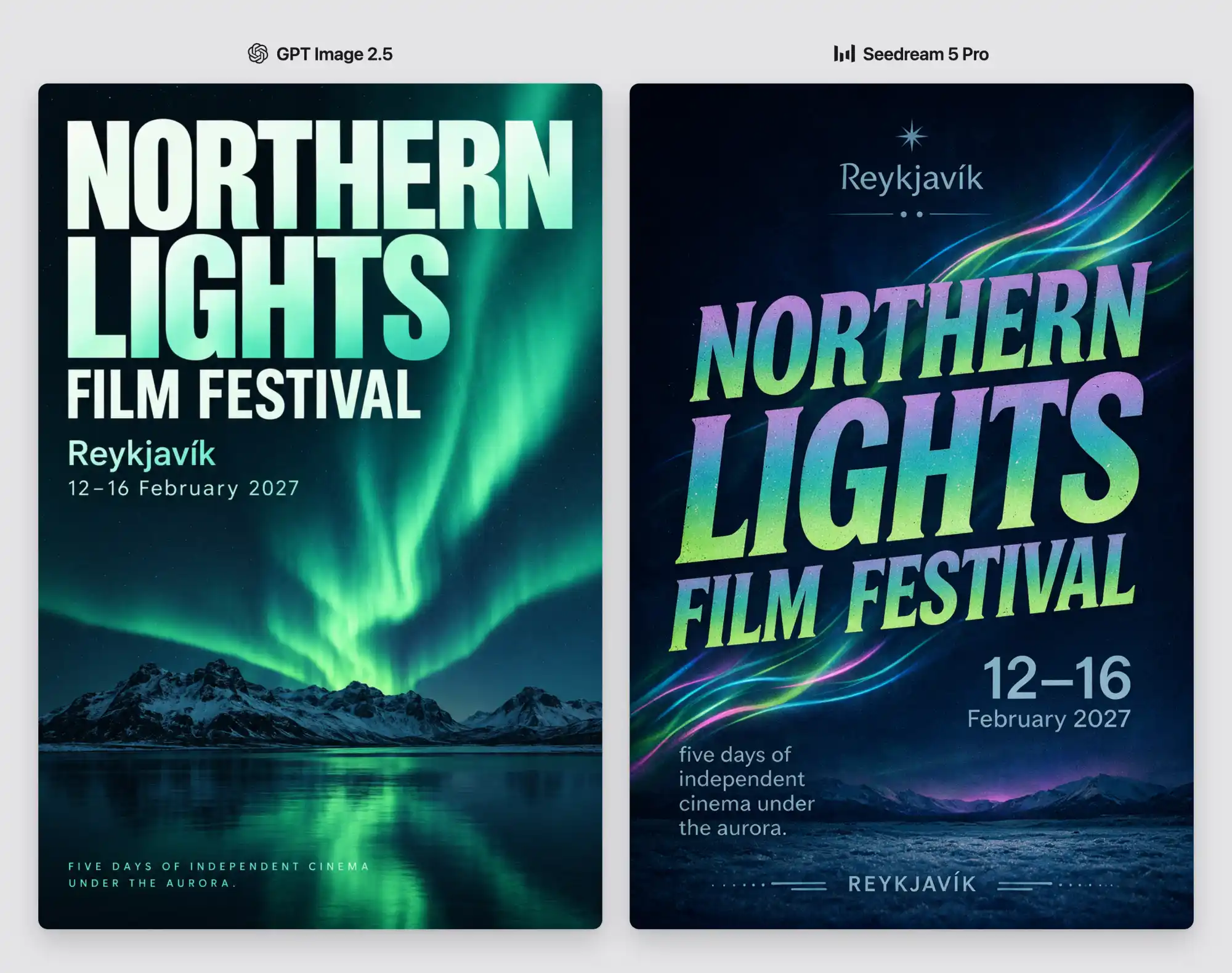 Pôsteres do Northern Lights Film Festival criados pelo GPT Image 2.5 e pelo Seedream 5 Pro