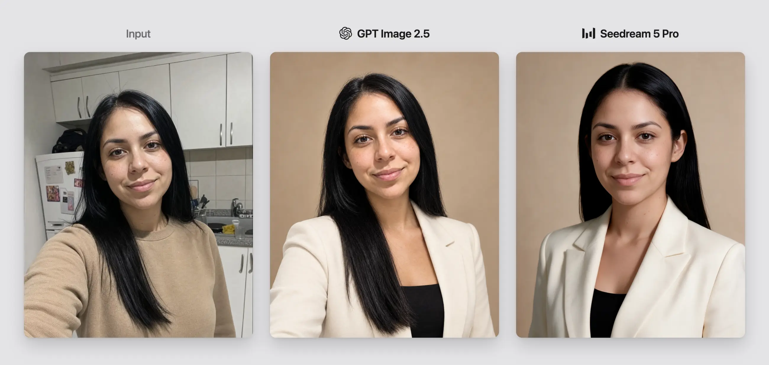 Selfie na cozinha comparada com os retratos profissionais gerados pelo GPT Image 2.5 e pelo Seedream 5 Pro