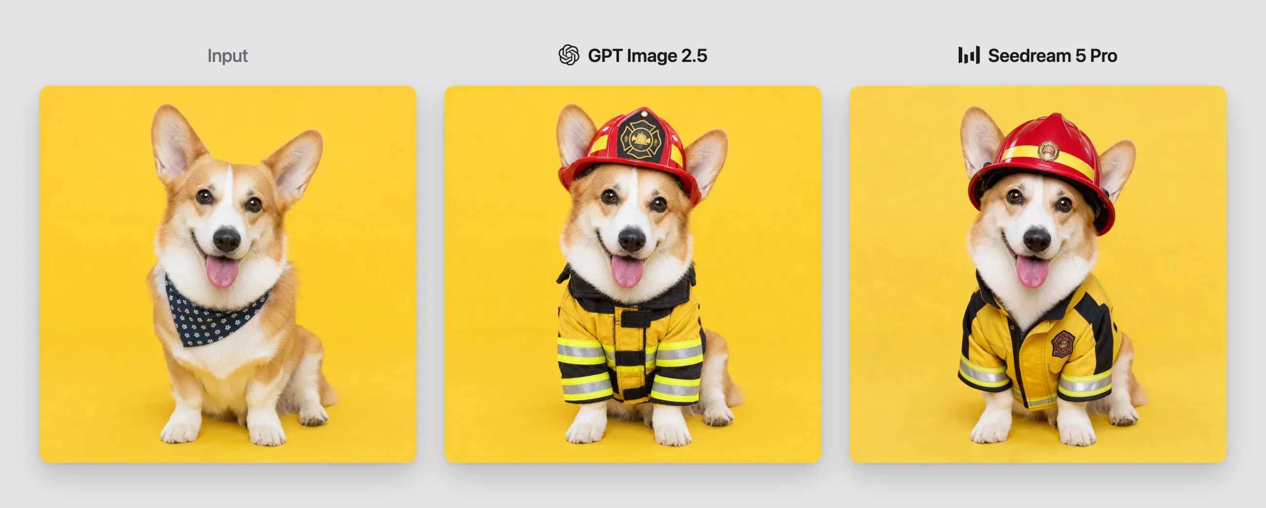 Corgi original comparado com as edições de bombeiro do GPT Image 2.5 e do Seedream 5 Pro