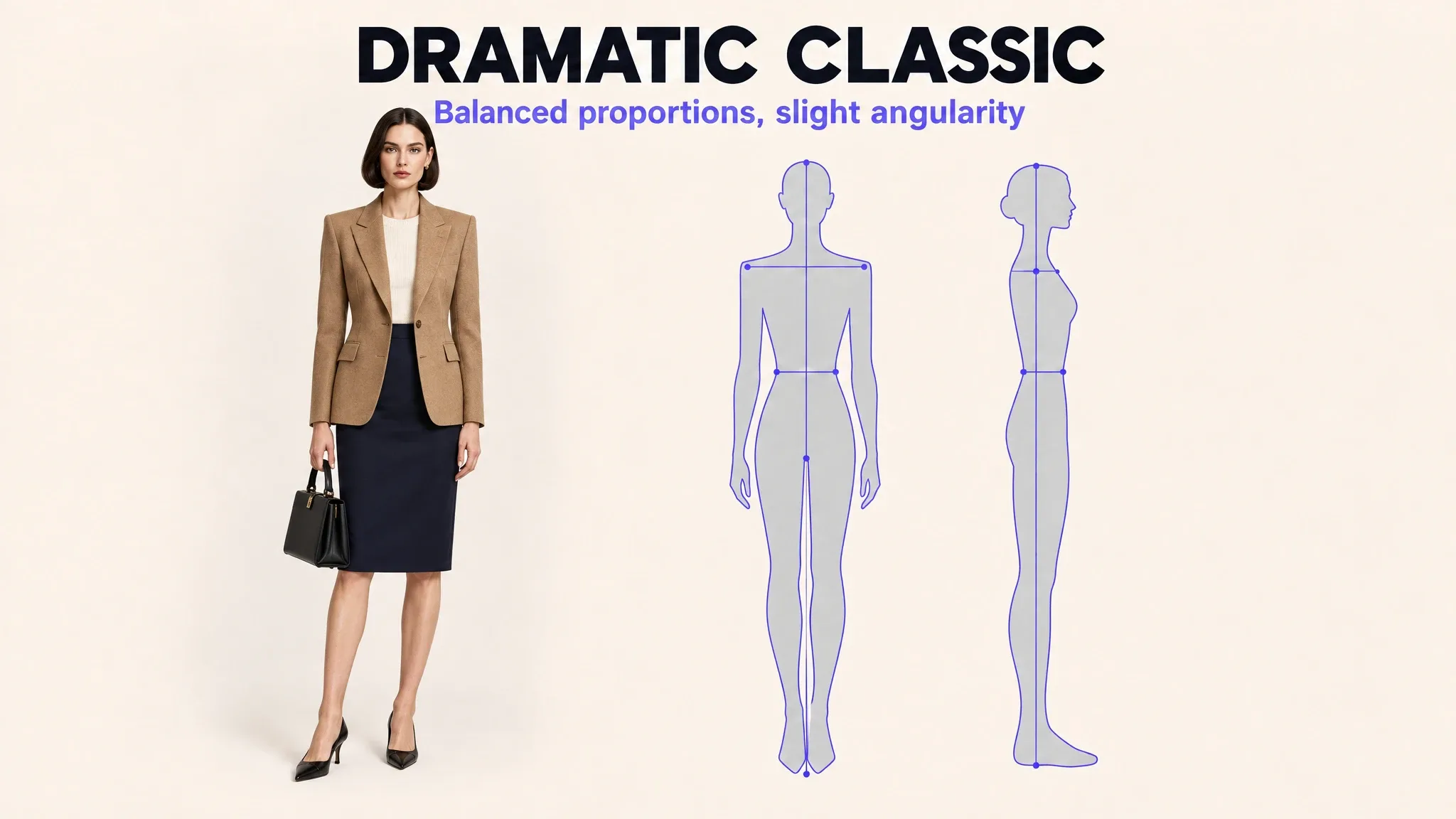 Dramatic Classic Kibbe body type: balanced proportions with slight angularity shown on a model and a body-line diagram