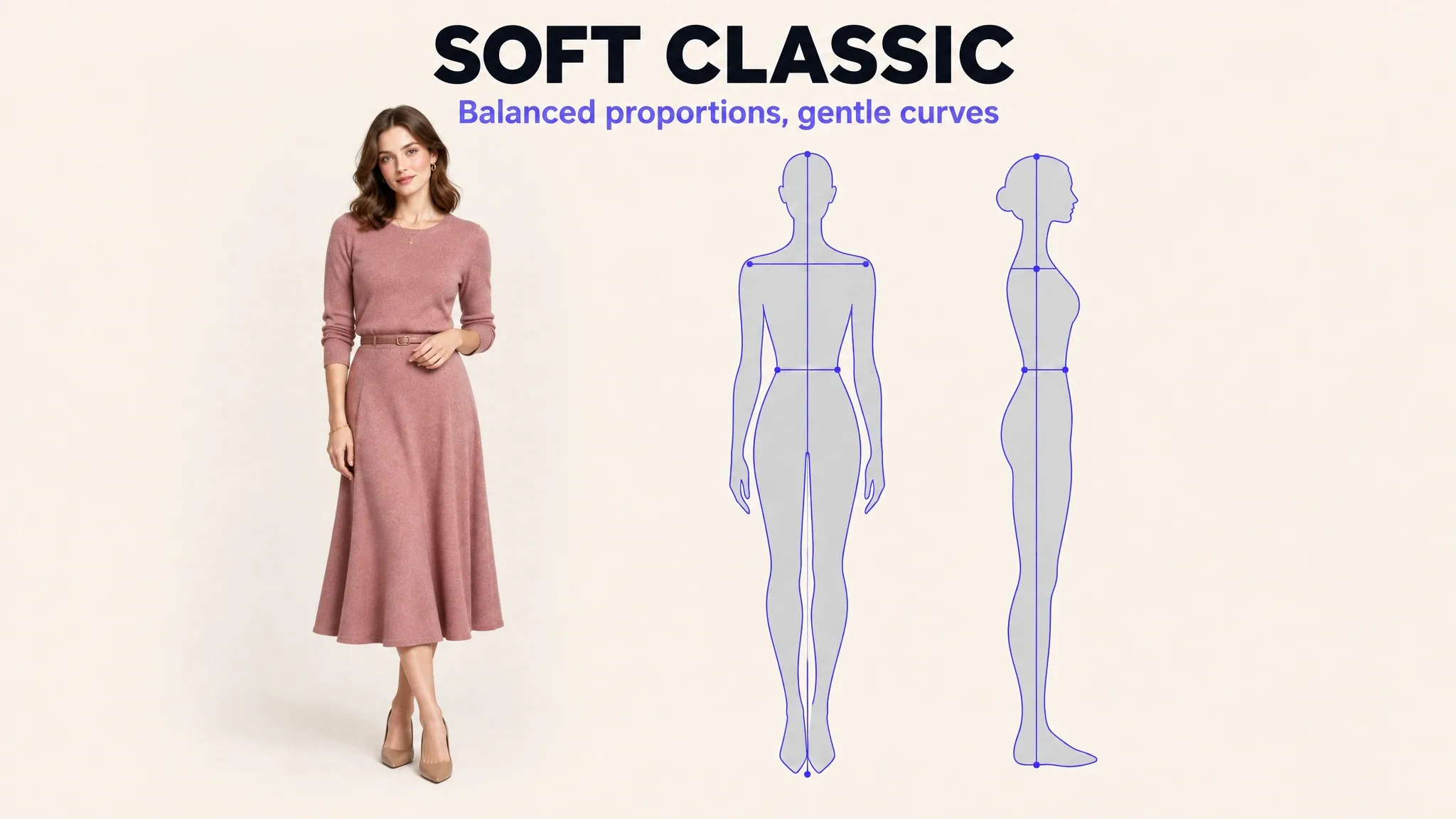Soft Classic Kibbe body type: balanced proportions with gentle curves shown on a model and a body-line diagram