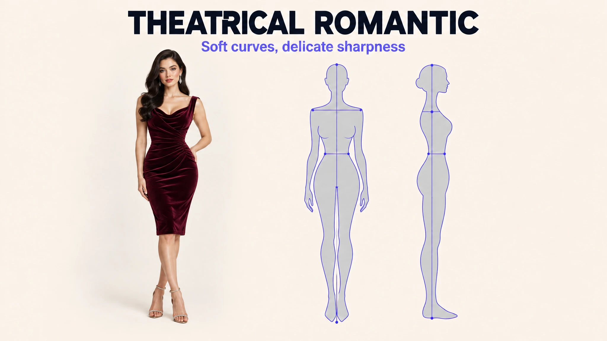 Theatrical Romantic Kibbe body type: soft curves with delicate sharpness shown on a model and a body-line diagram