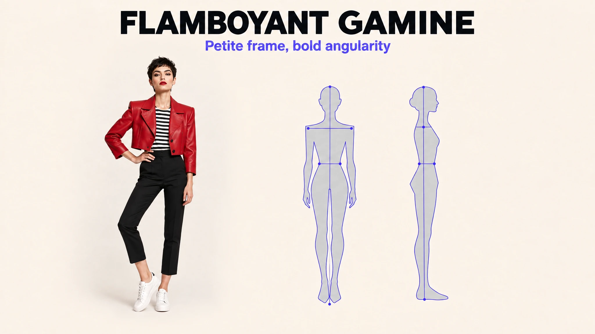 Flamboyant Gamine Kibbe body type: petite frame with bold angularity shown on a model and a body-line diagram