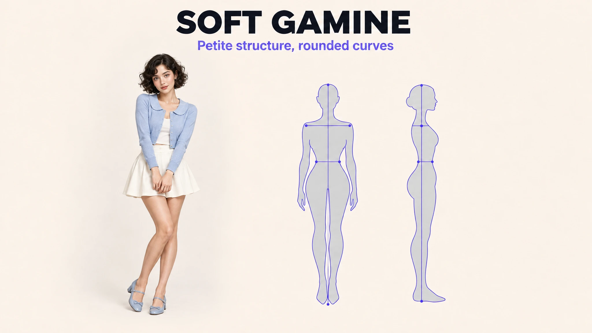 Soft Gamine Kibbe body type: petite structure with rounded curves shown on a model and a body-line diagram