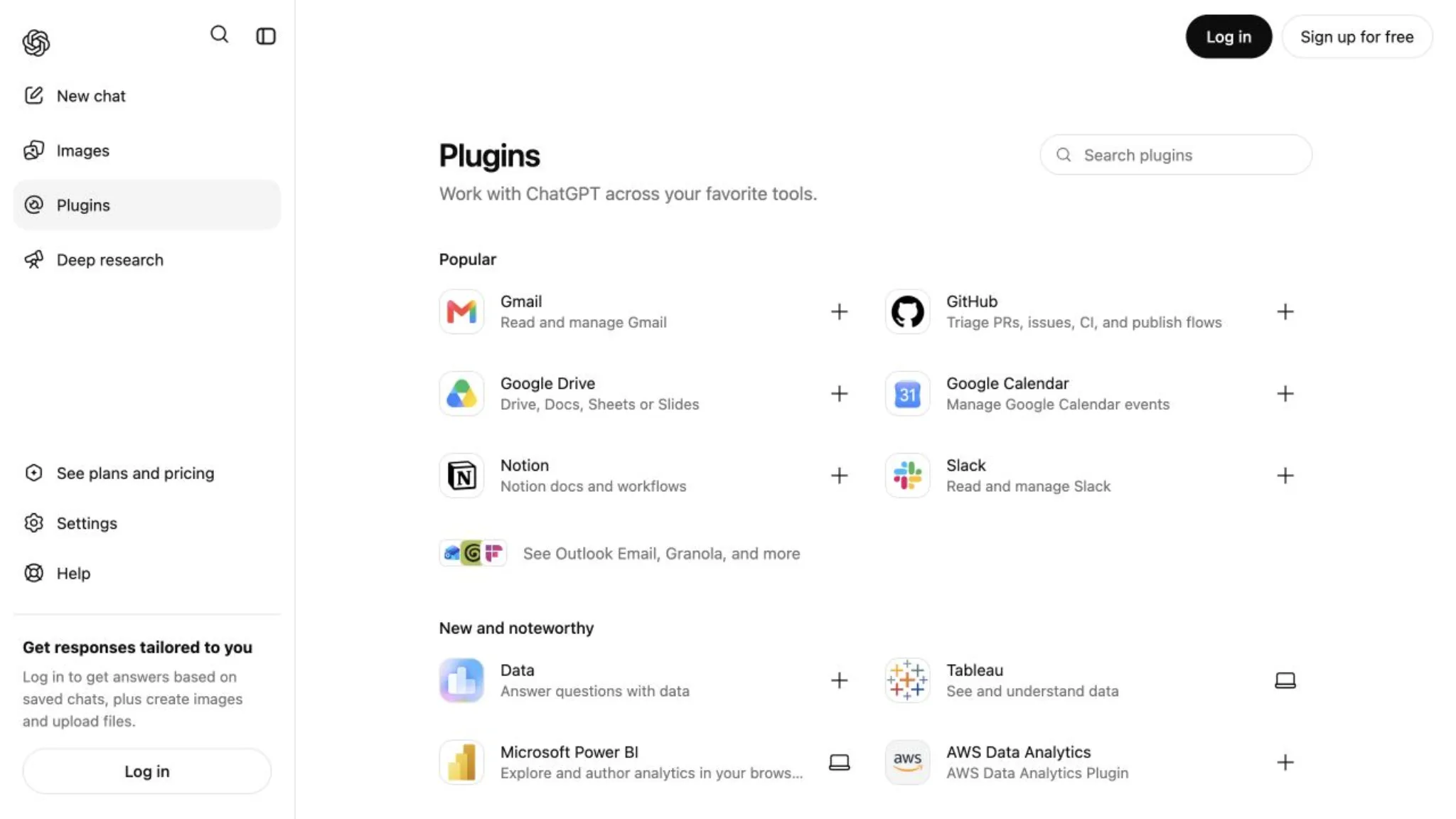 ChatGPT Plugins directory with connected services