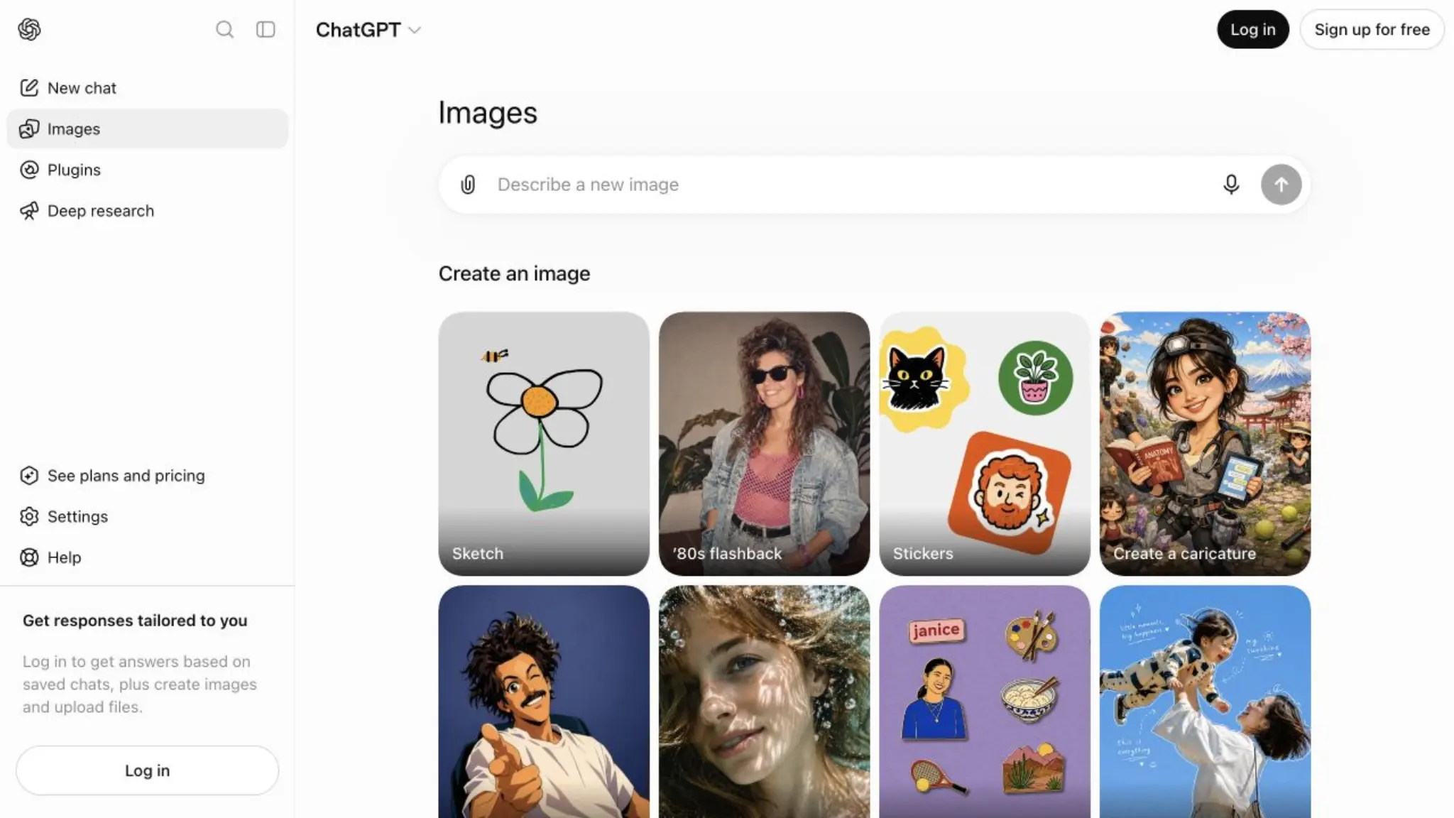 ChatGPT Images page with visual prompt ideas