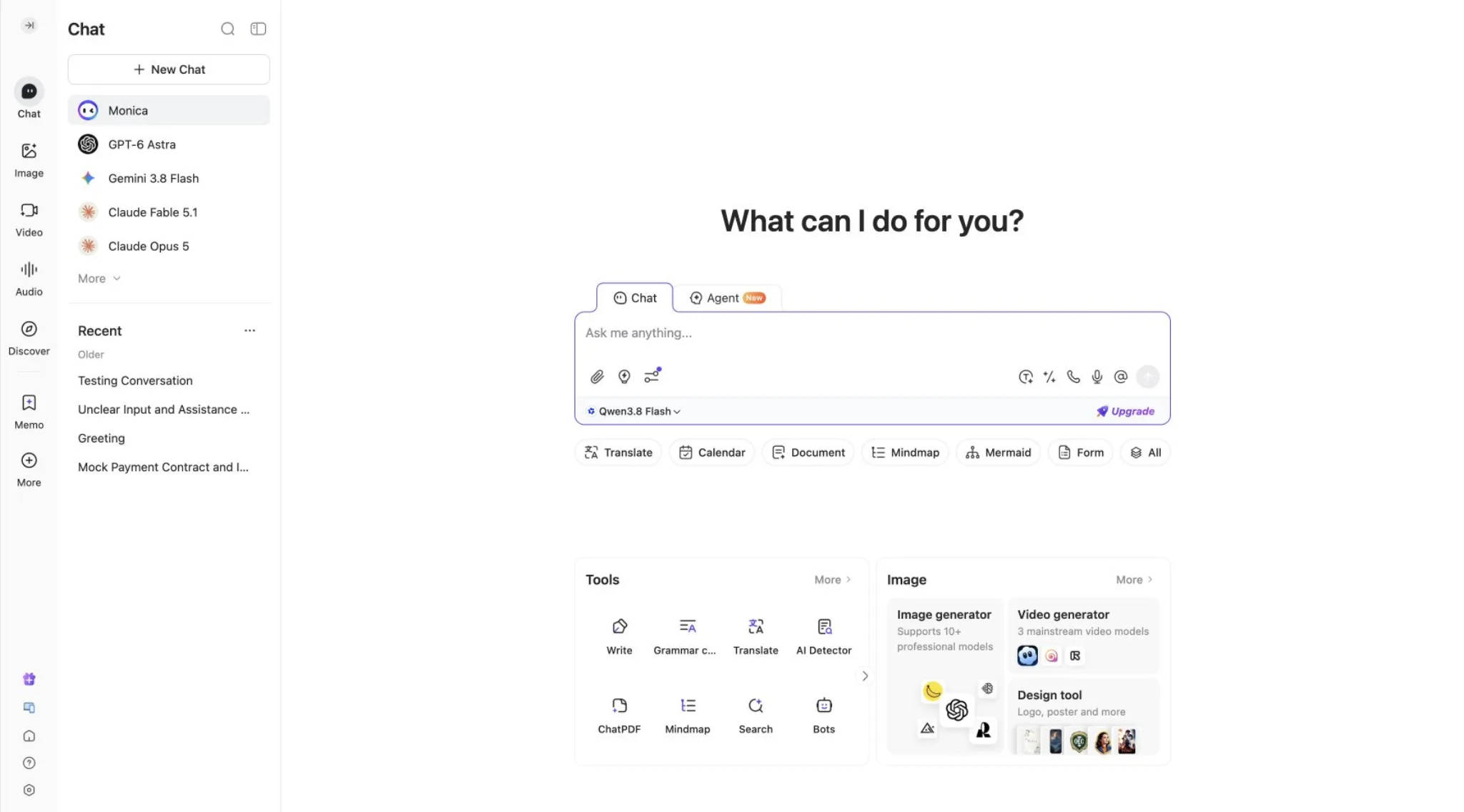 Monica AI home screen with model choices and tool shortcuts