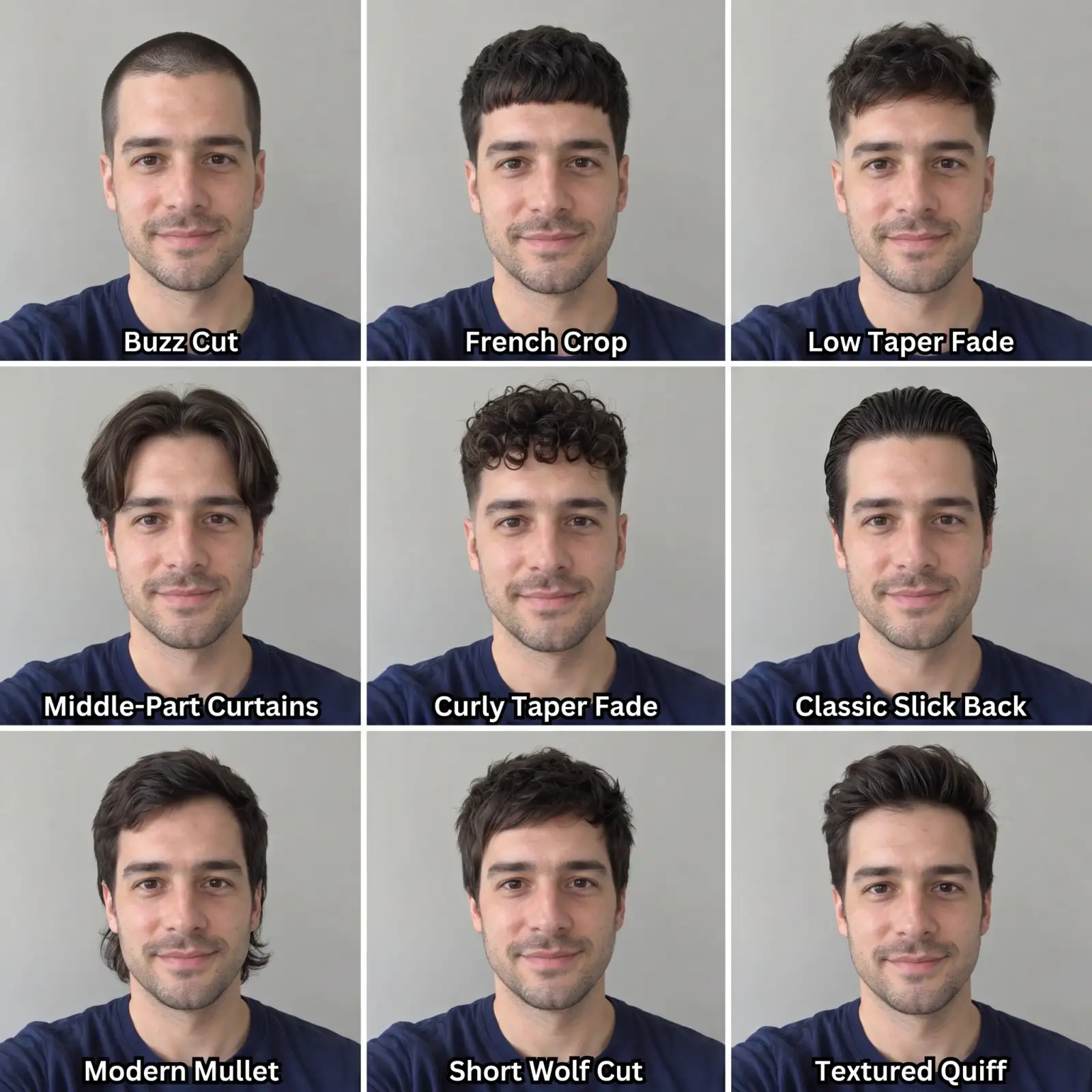 Nove cortes masculinos, incluindo buzz cut, taper fade, curtains e mullet