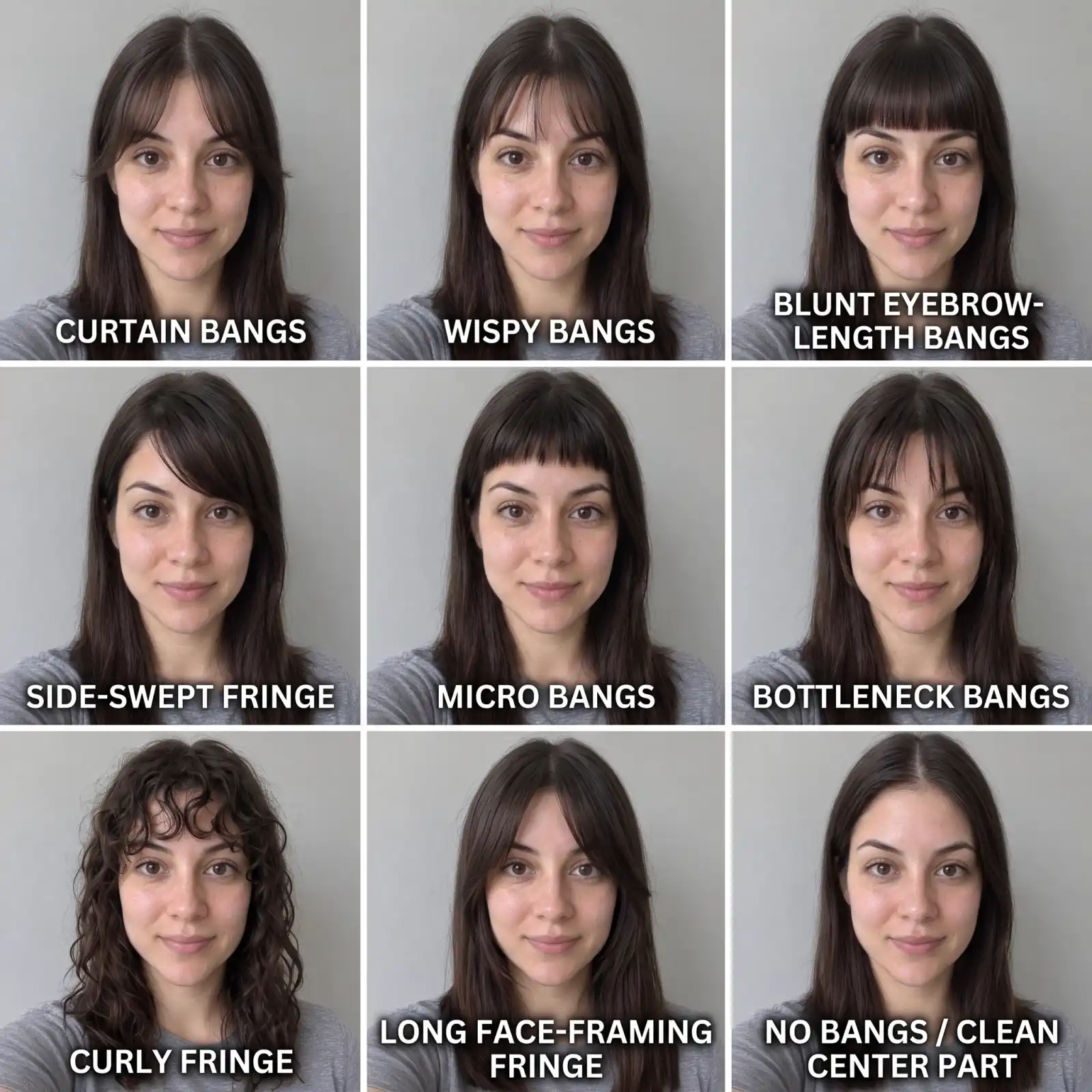 Franjas cortina, esvoaçante, reta, lateral, micro, bottleneck e cacheada comparadas