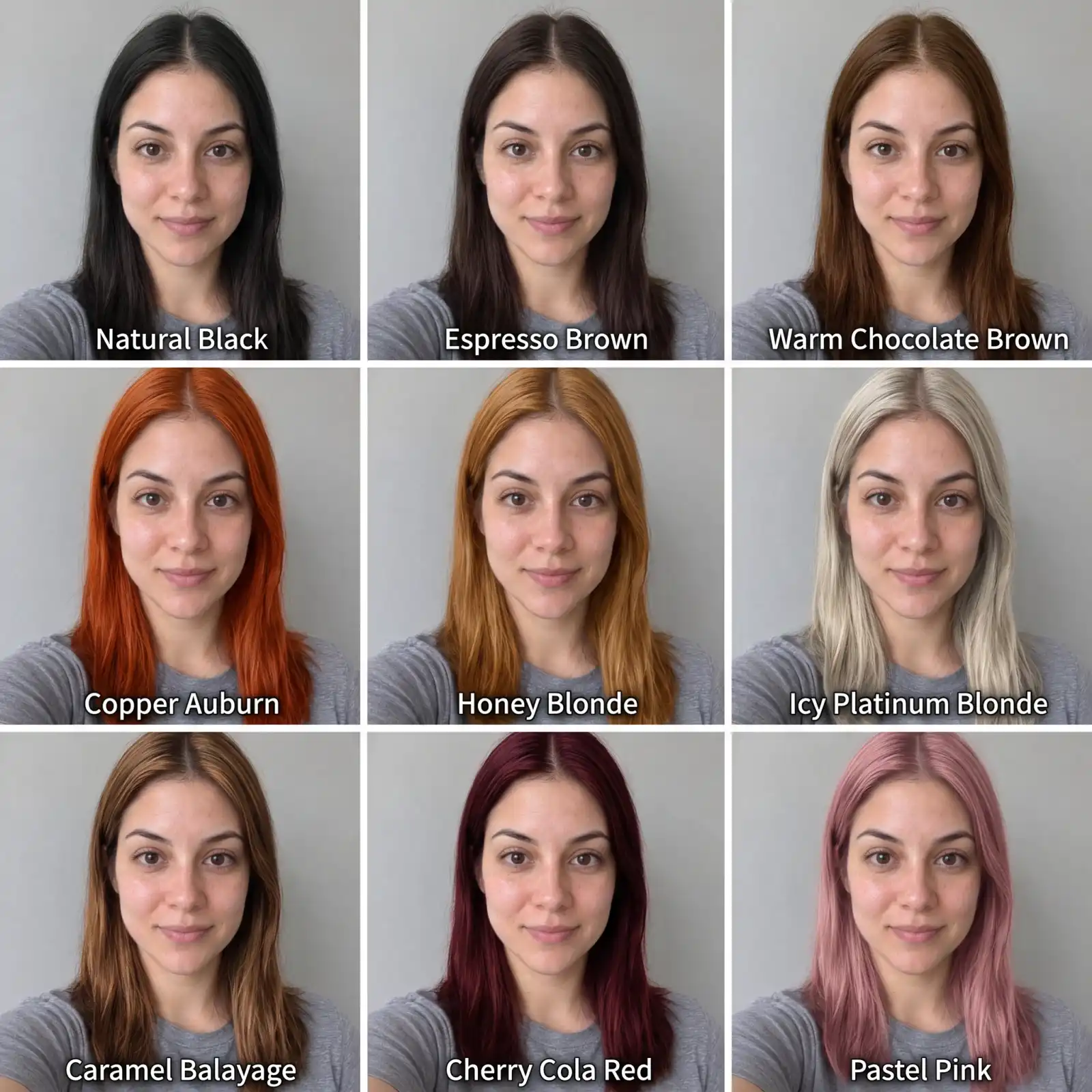 Nove cores de cabelo com IA comparadas no mesmo retrato