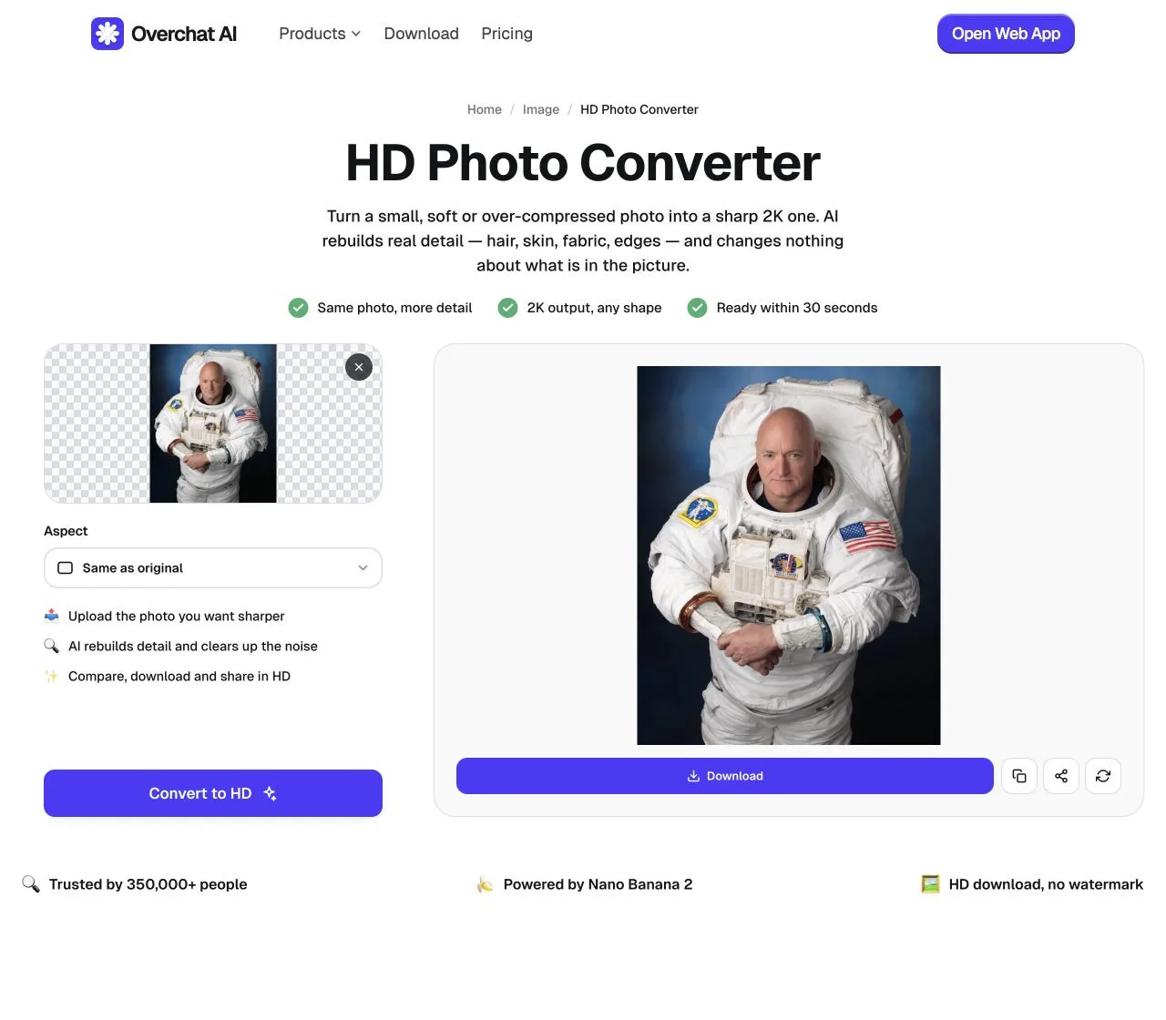 Overchat HD Photo Converter showing the generated result and download controls